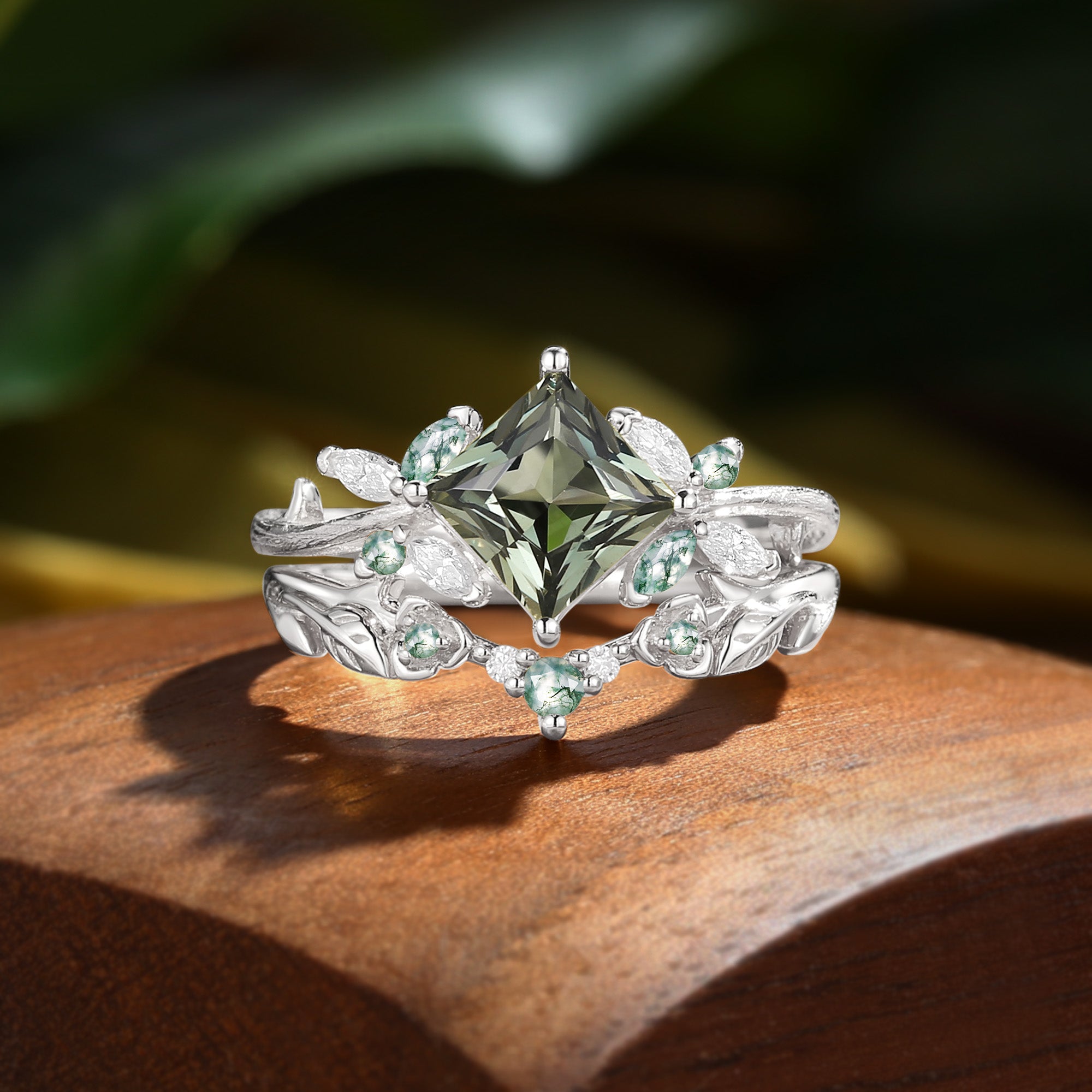 Glenna - Princess Cut Lab Green Sapphire Butterfly Fairy Bridal Sets 2pcs