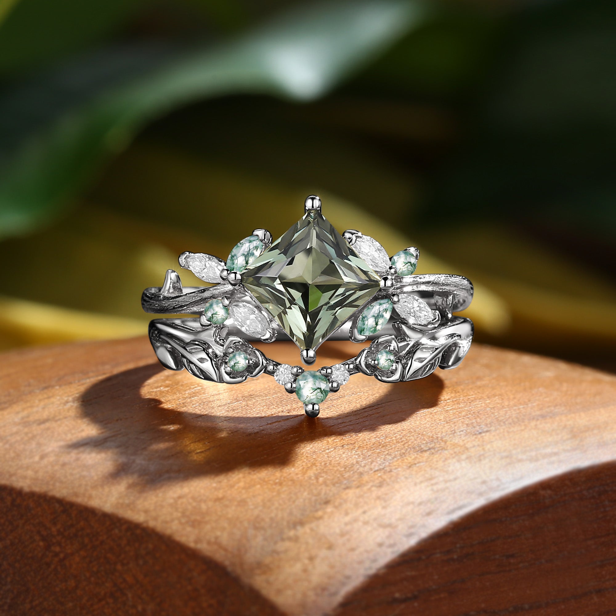 Glenna - Princess Cut Lab Green Sapphire Butterfly Fairy Bridal Sets 2pcs