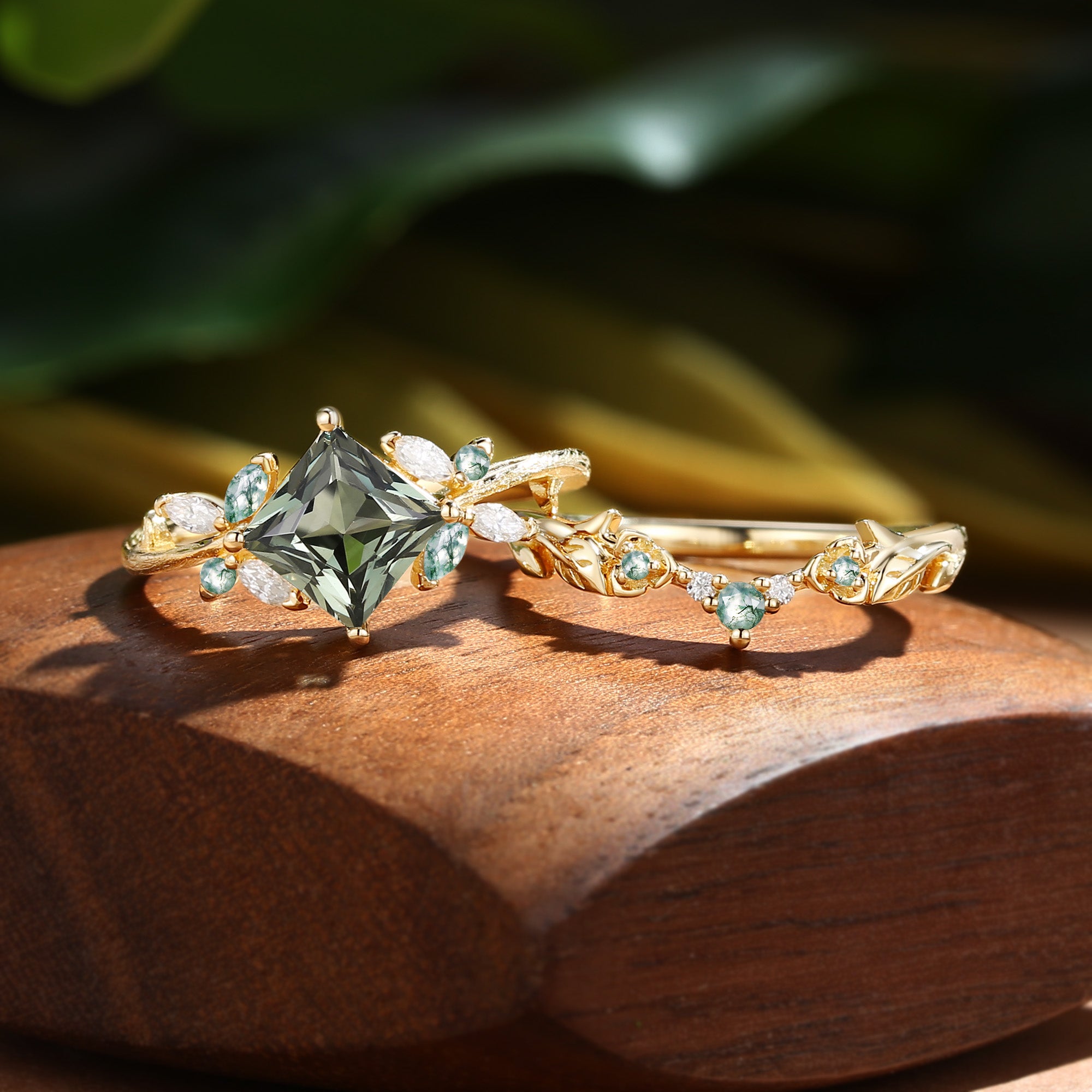 Glenna - Princess Cut Lab Green Sapphire Butterfly Fairy Bridal Sets 2pcs