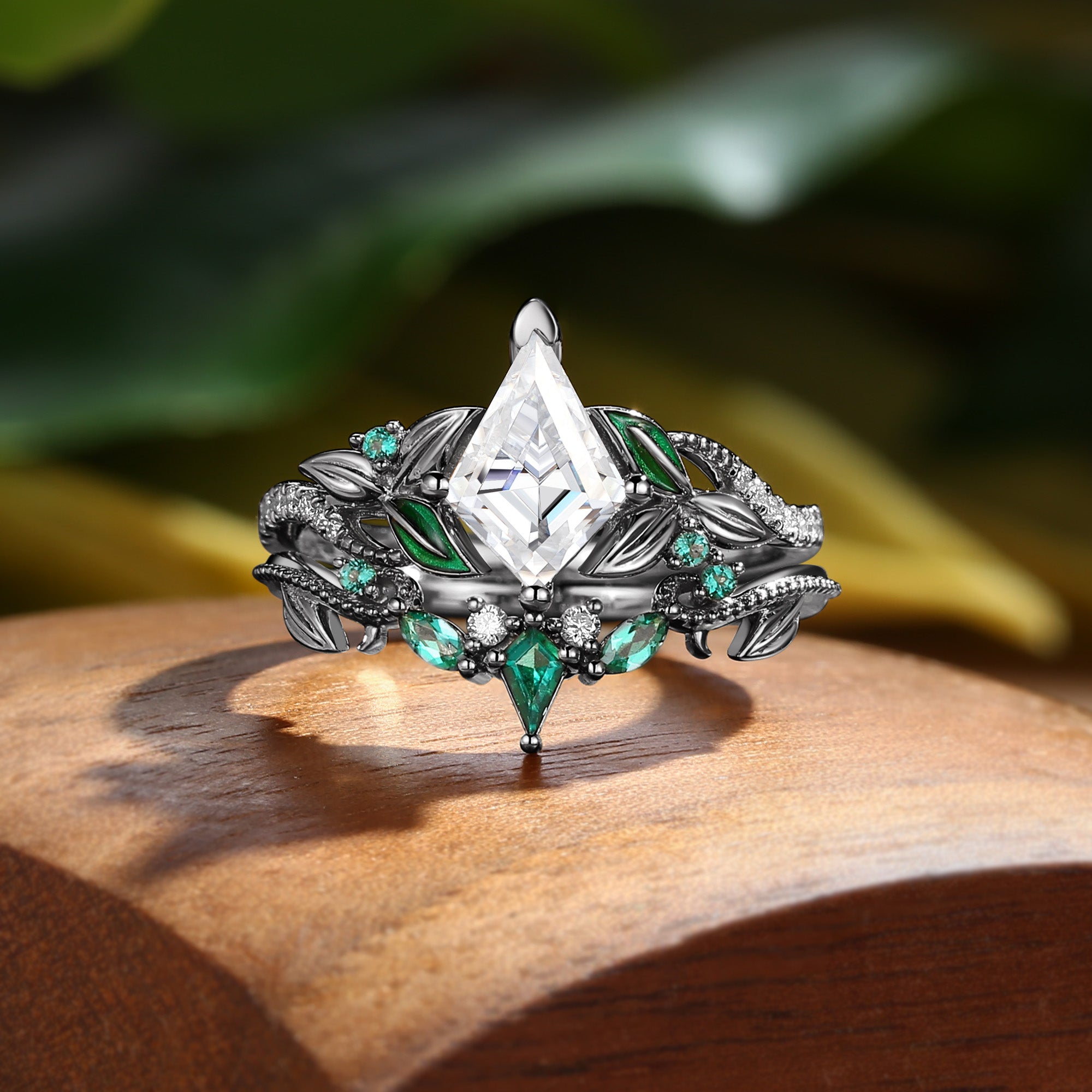 Faye - Unique Kite Cut Moissanite Leaf Enamel Fairy Bridal Sets 2pcs