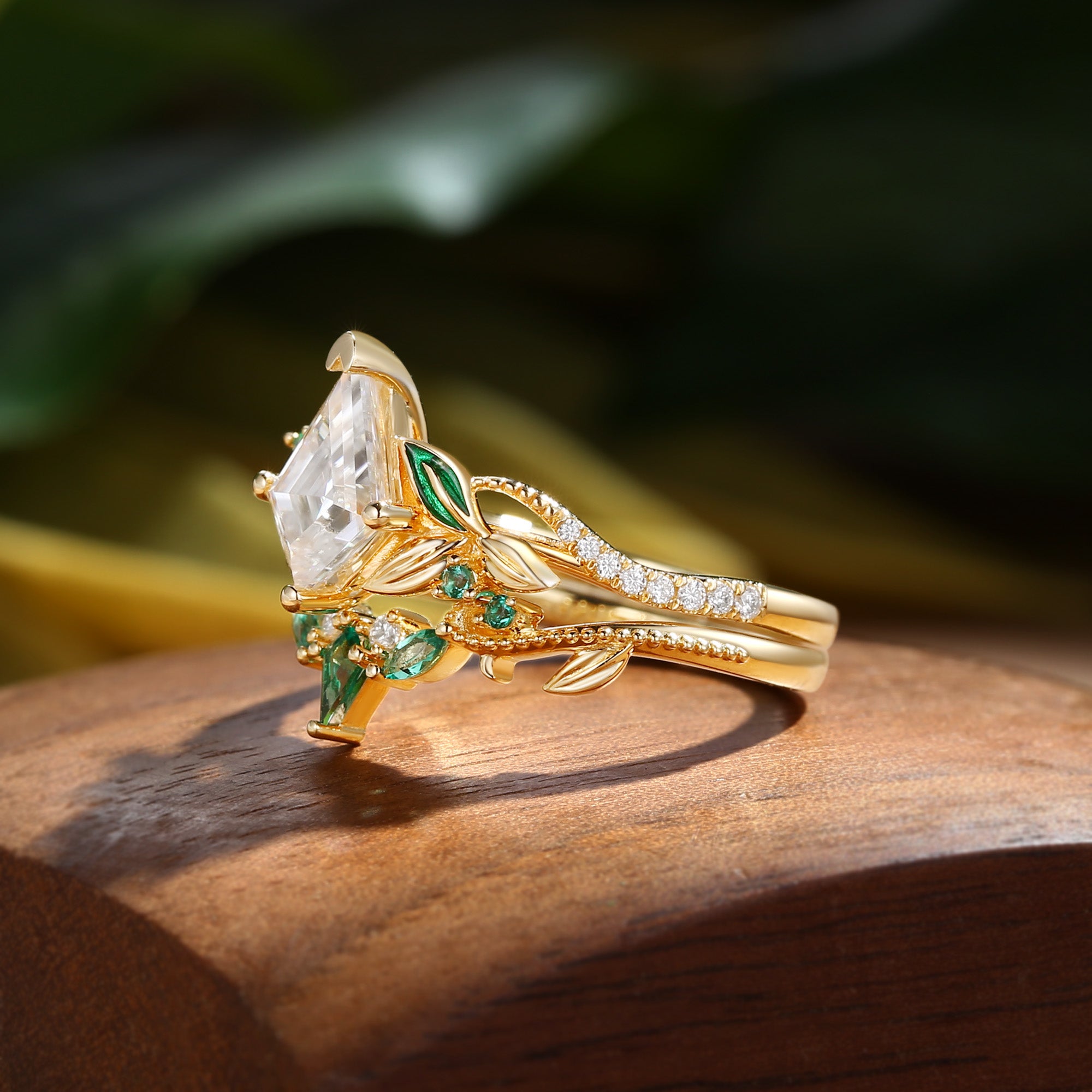 Faye - Unique Kite Cut Moissanite Leaf Enamel Fairy Bridal Sets 2pcs