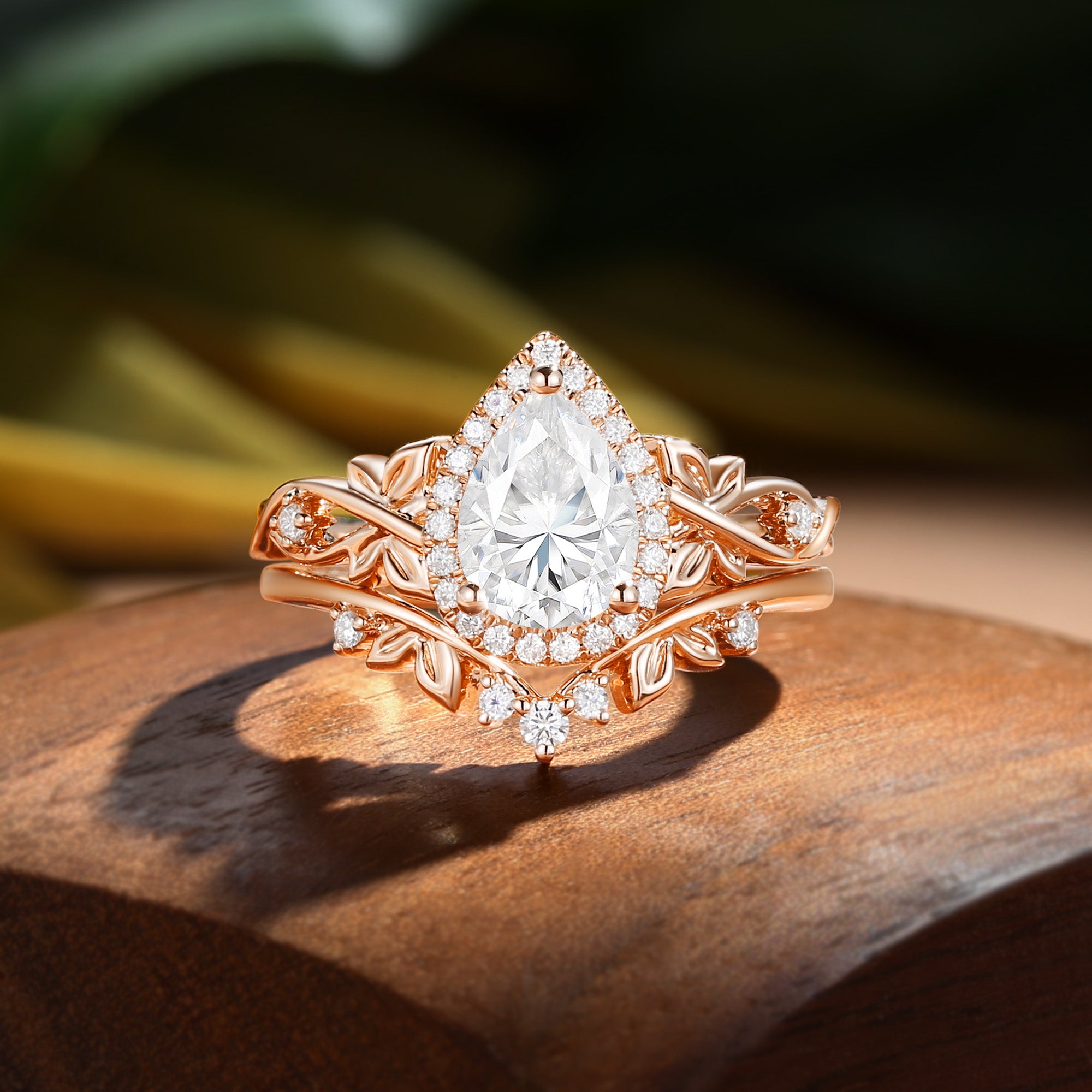 Albertine - Halo Vintage Pear Cut Moissanite Butterfly Nature Inspired  Bridal Set 2pcs