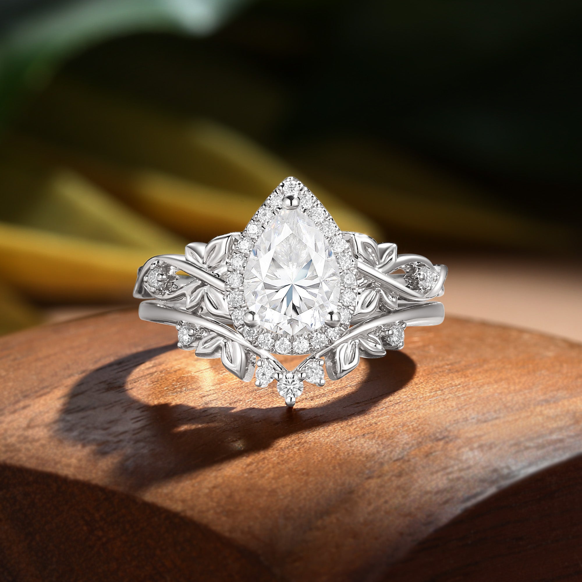 Albertine - Halo Vintage Pear Cut Moissanite Butterfly Nature Inspired  Bridal Set 2pcs