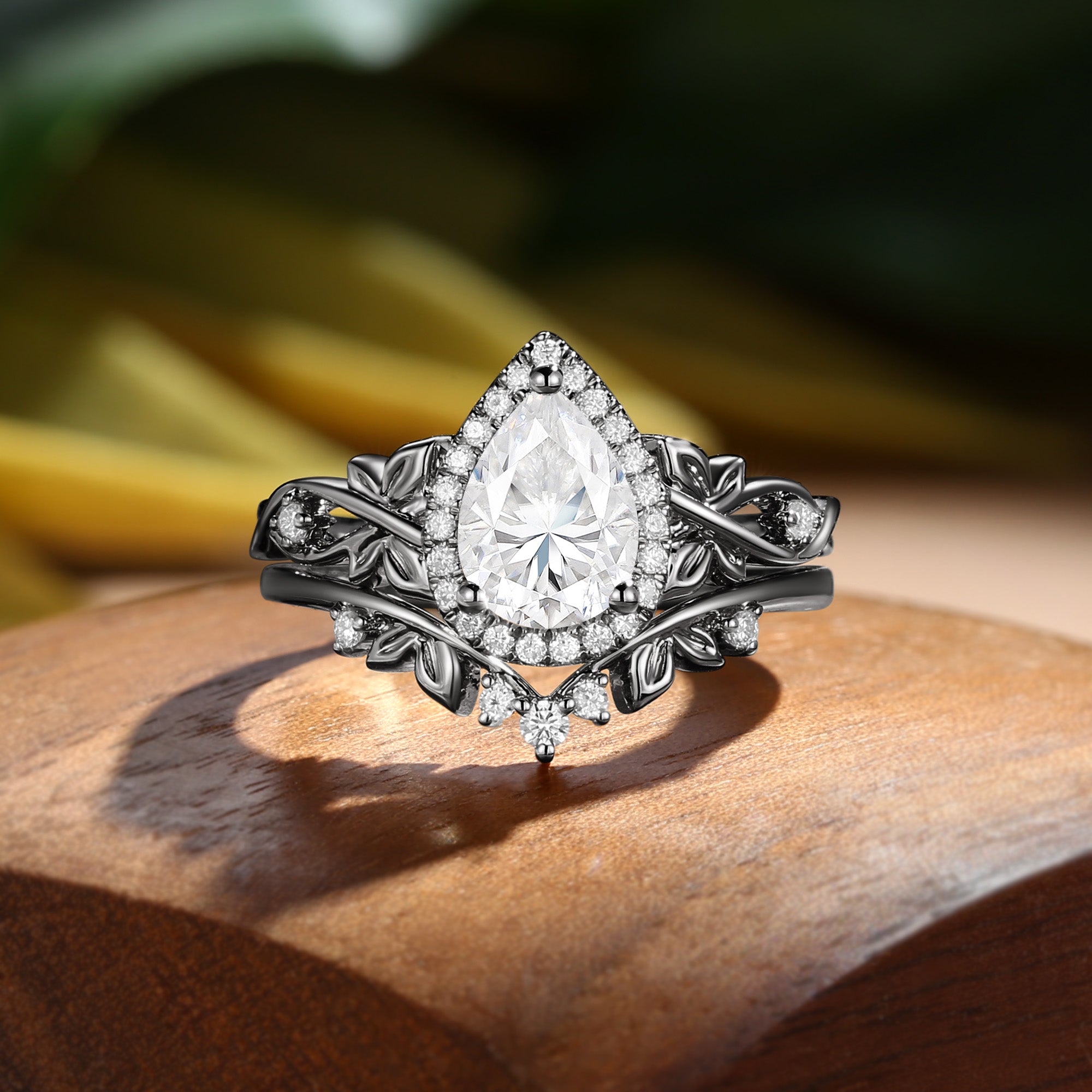 Albertine - Halo Vintage Pear Cut Moissanite Butterfly Nature Inspired  Bridal Set 2pcs