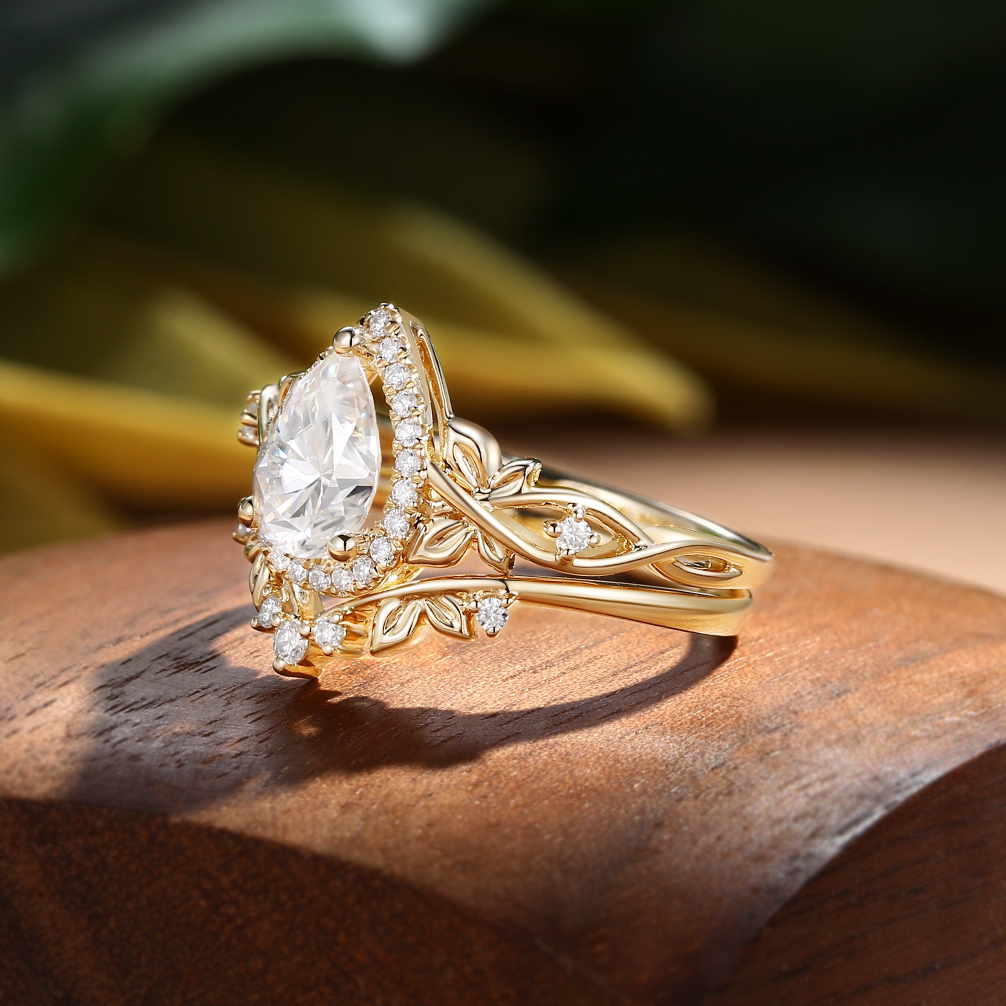 Albertine - Halo Vintage Pear Cut Moissanite Butterfly Nature Inspired  Bridal Set 2pcs