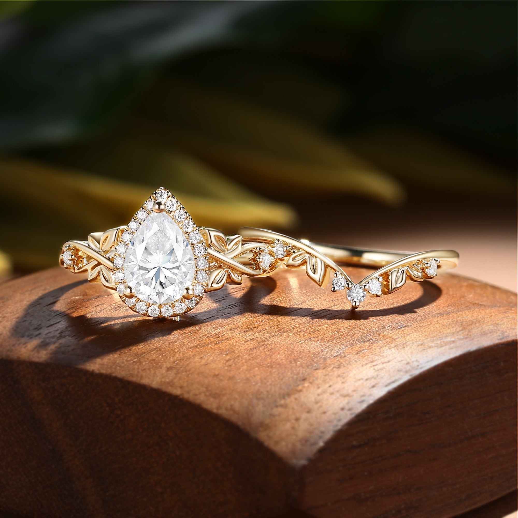 Albertine - Halo Vintage Pear Cut Moissanite Butterfly Nature Inspired  Bridal Set 2pcs