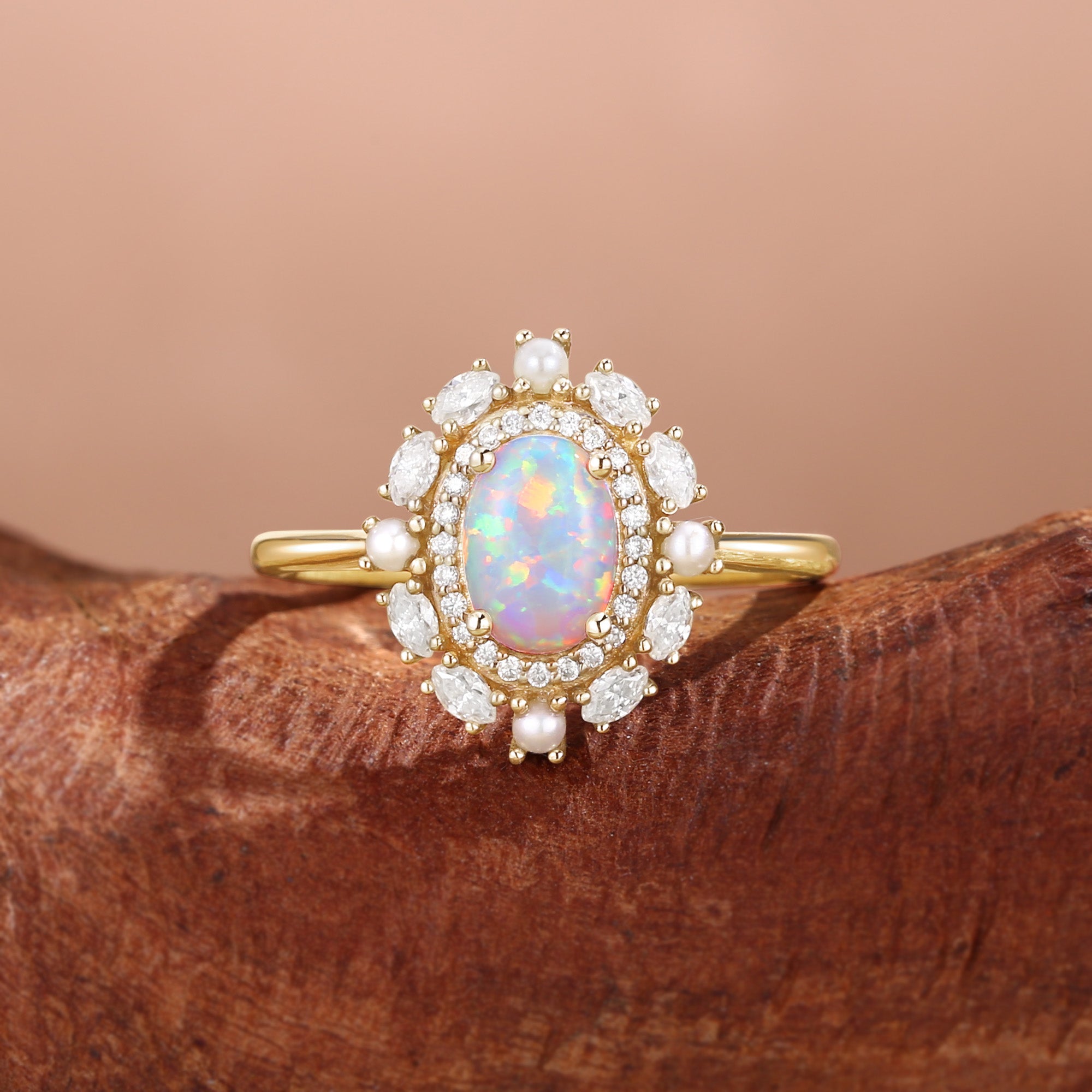 Odessa - Opal & Pearl Bouble Halo Engagement Ring