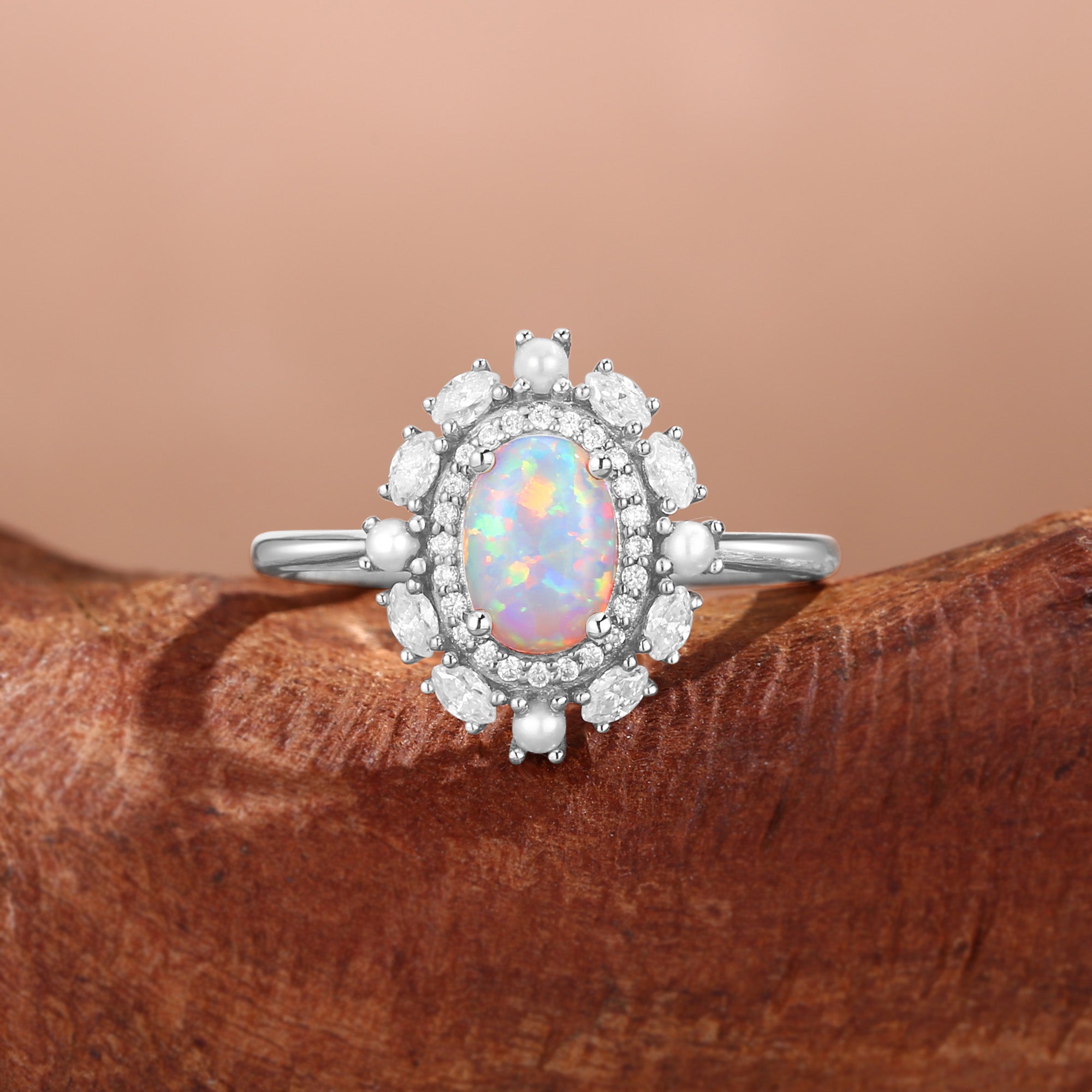 Odessa - Opal & Pearl Bouble Halo Engagement Ring