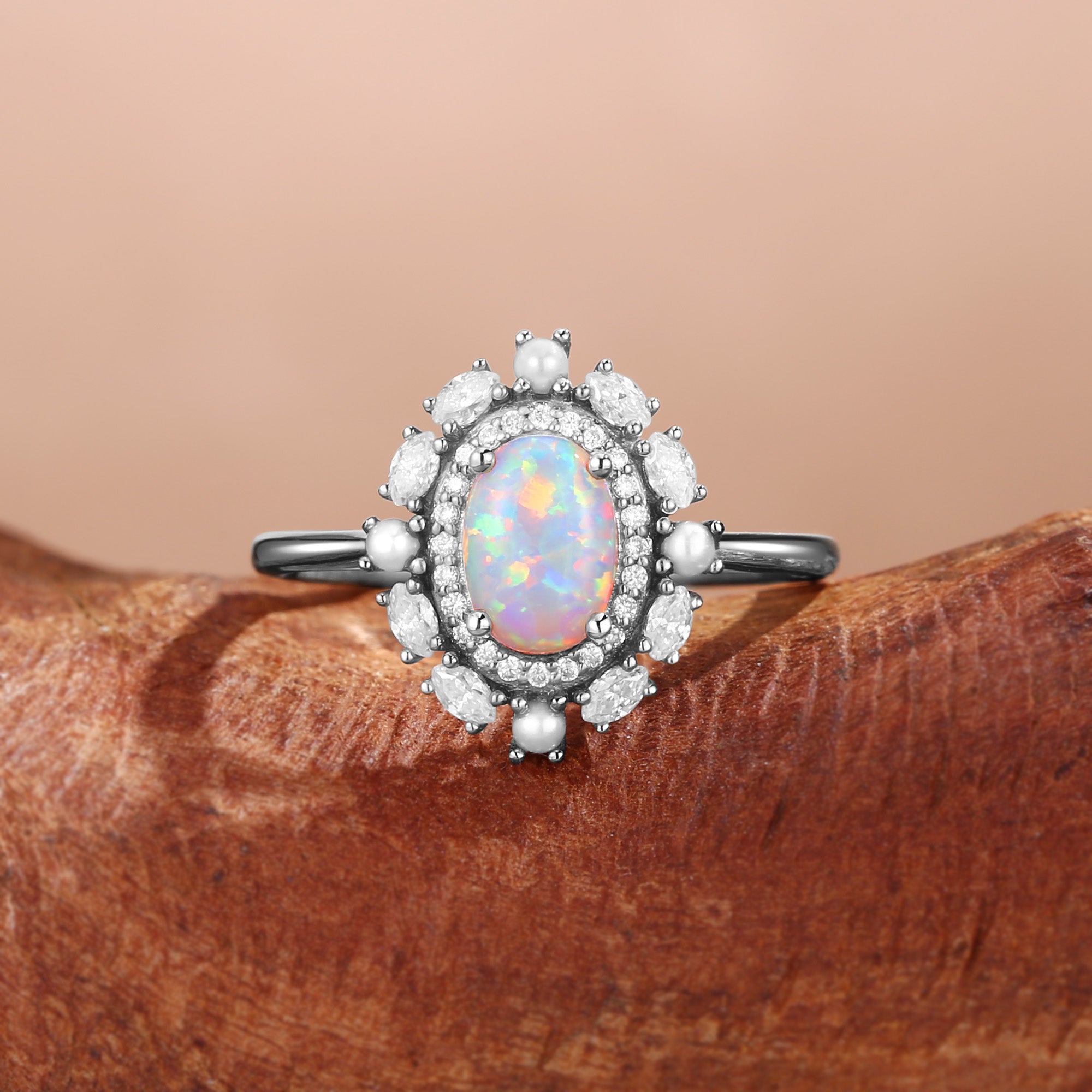 Odessa - Opal & Pearl Bouble Halo Engagement Ring