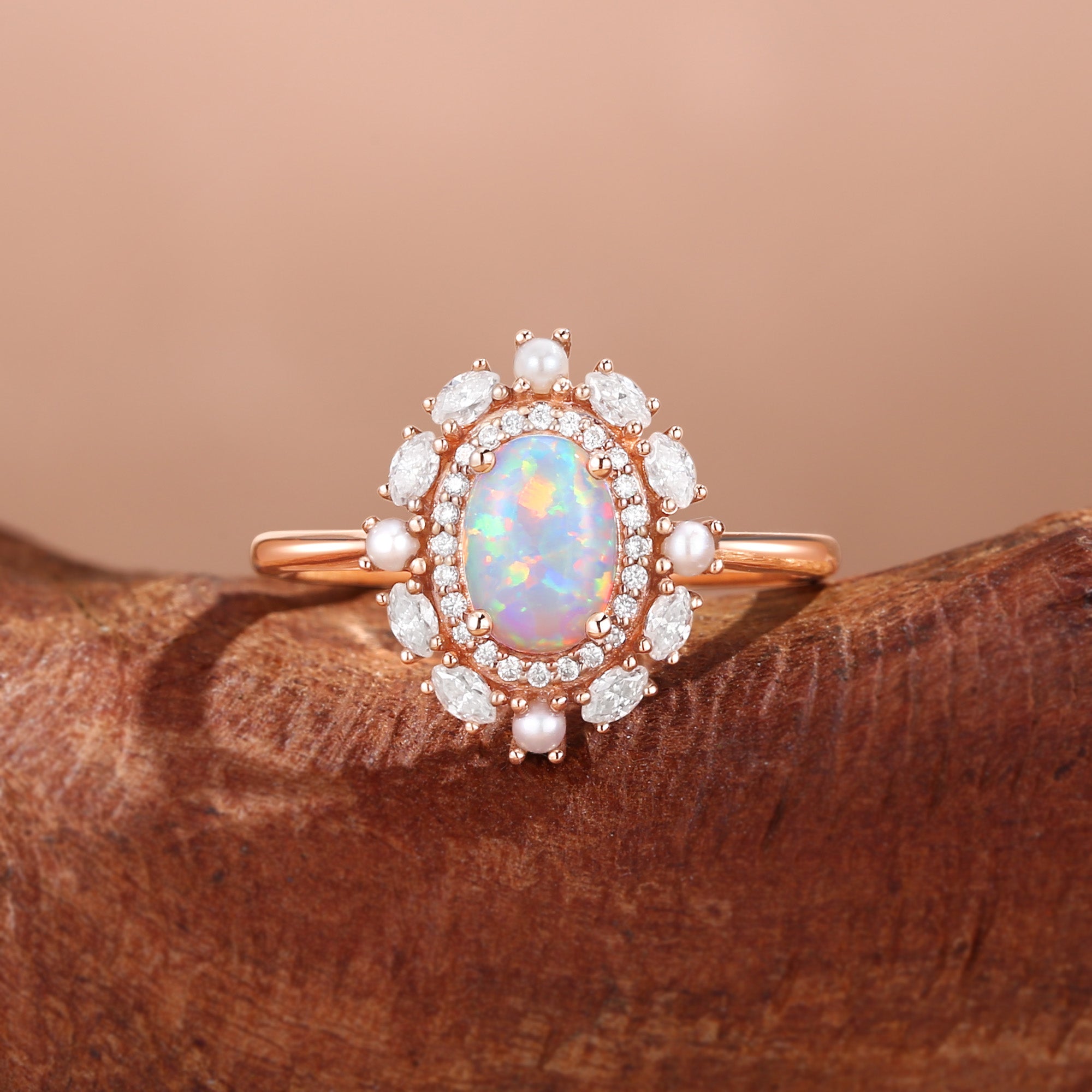 Odessa - Opal & Pearl Bouble Halo Engagement Ring