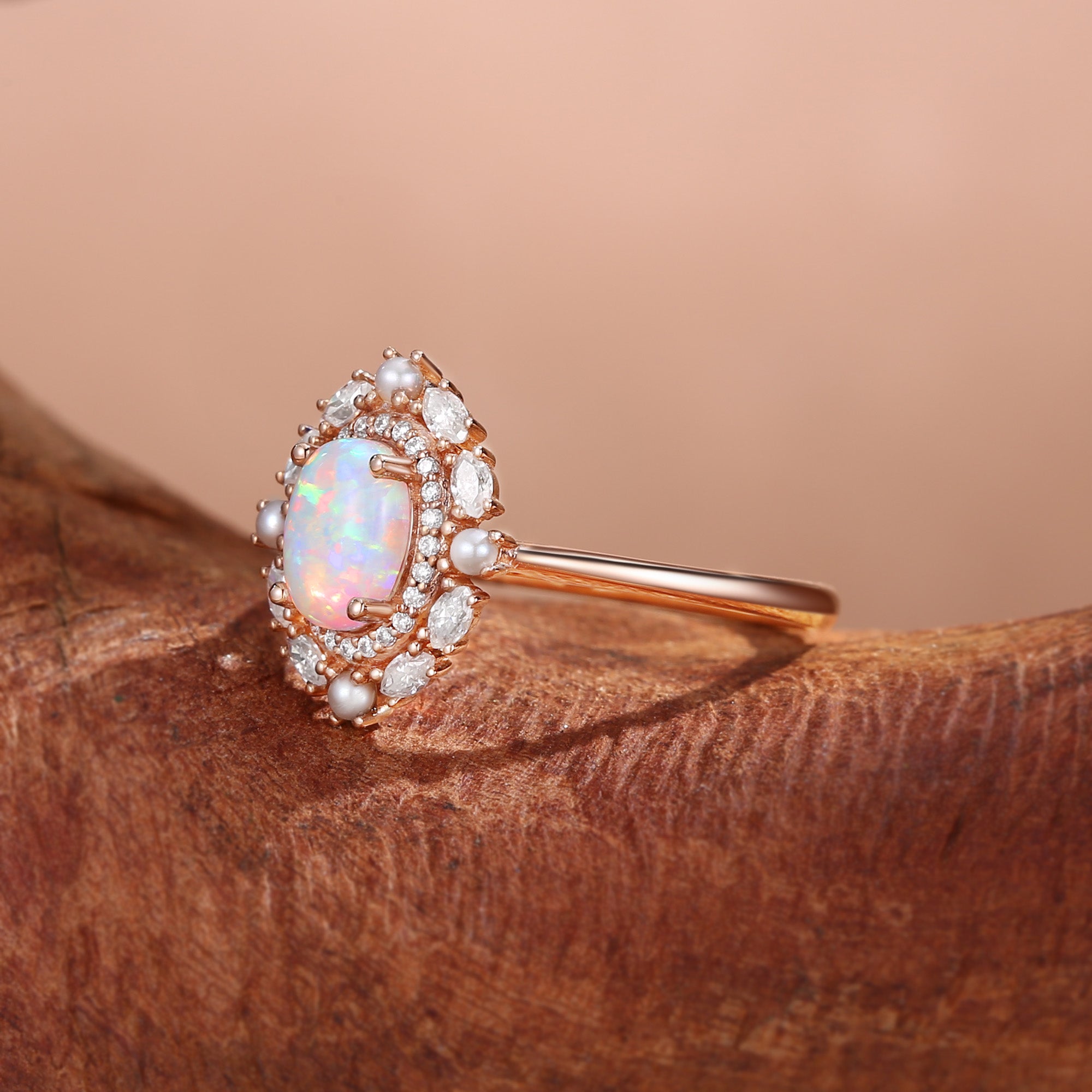 Odessa - Opal & Pearl Bouble Halo Engagement Ring