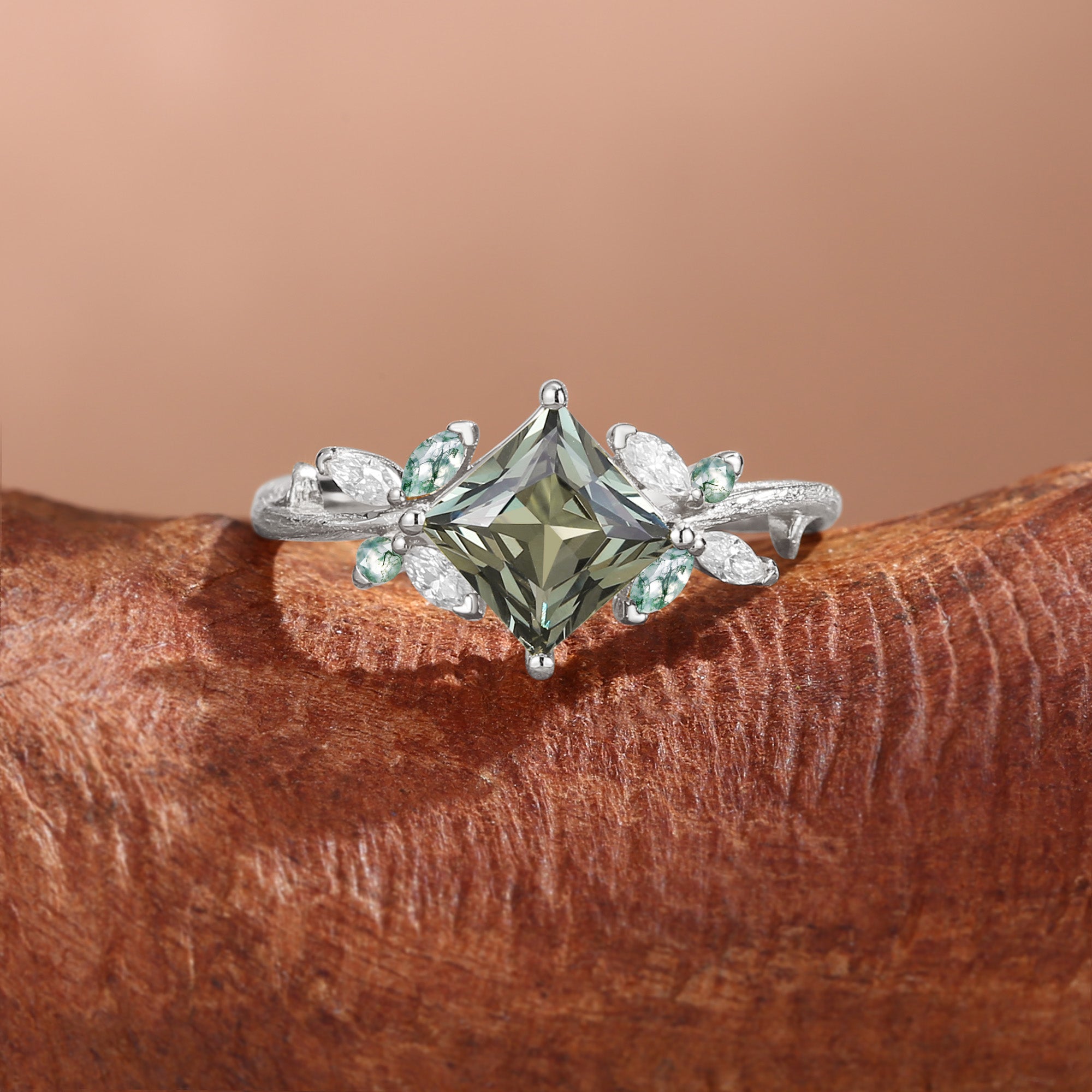 Glenna - Princess Cut Lab Green Sapphire Butterfly Fairy Engagement Ring