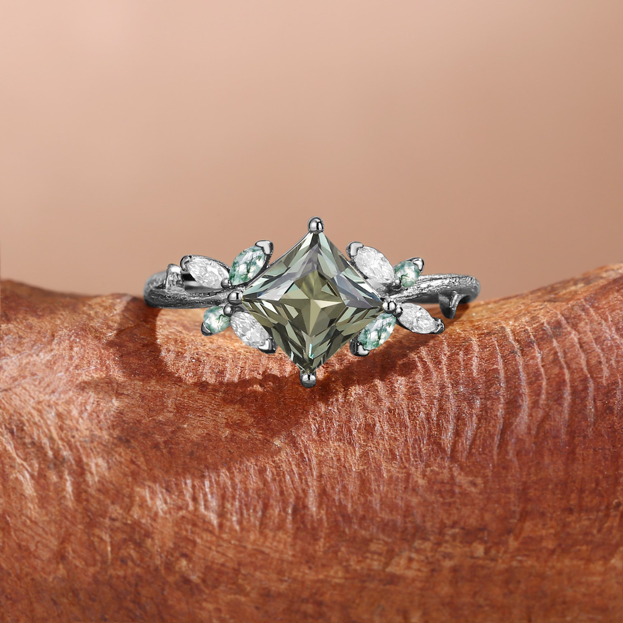 Glenna - Princess Cut Lab Green Sapphire Butterfly Fairy Engagement Ring