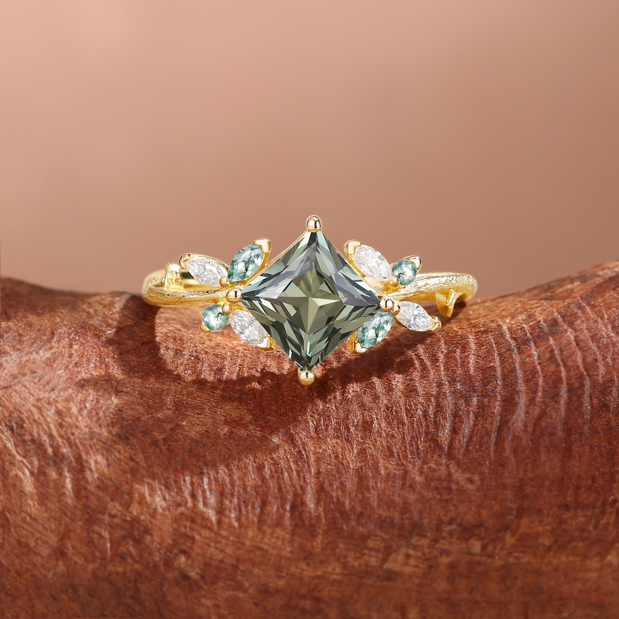 Glenna - Princess Cut Lab Green Sapphire Butterfly Fairy Engagement Ring