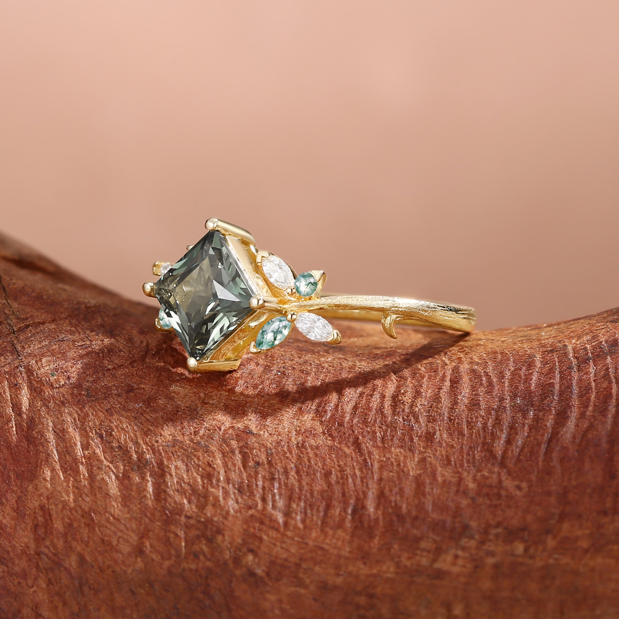 Glenna - Princess Cut Lab Green Sapphire Butterfly Fairy Engagement Ring