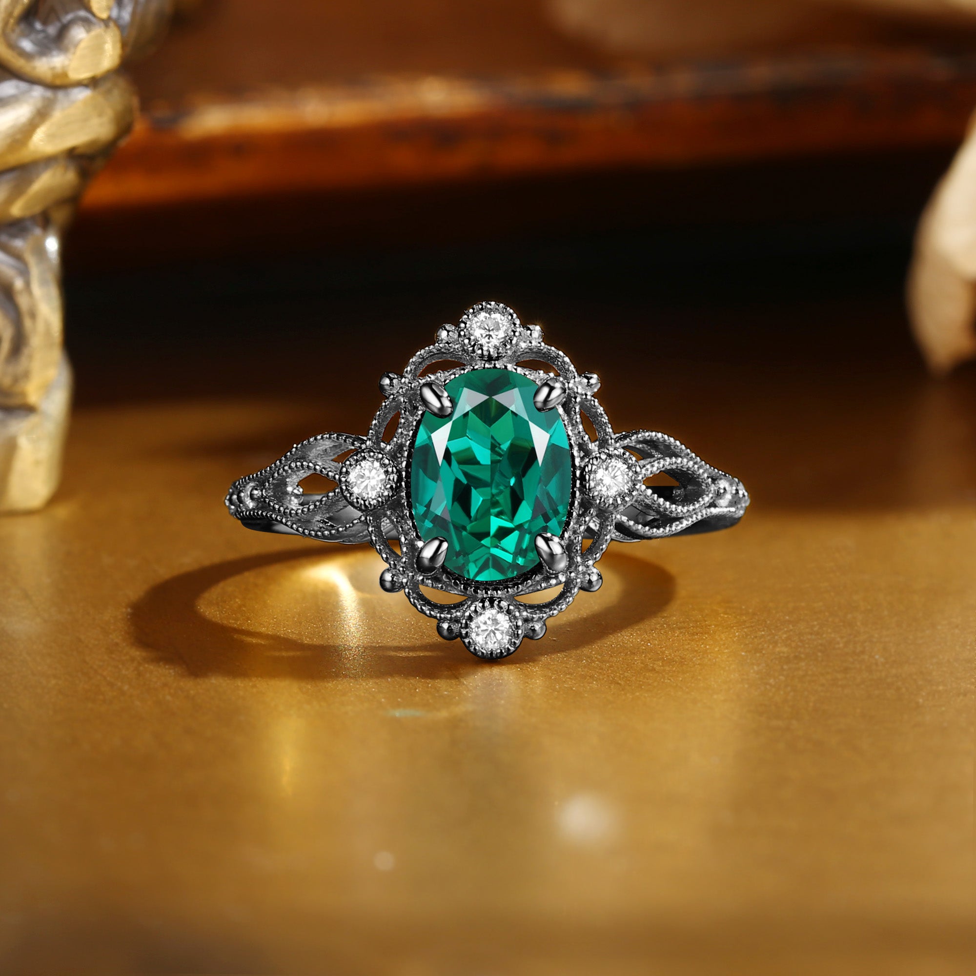 Giselle - Oval Cut Lab Emerald Gold Milgrain Vintage Engagement Ring