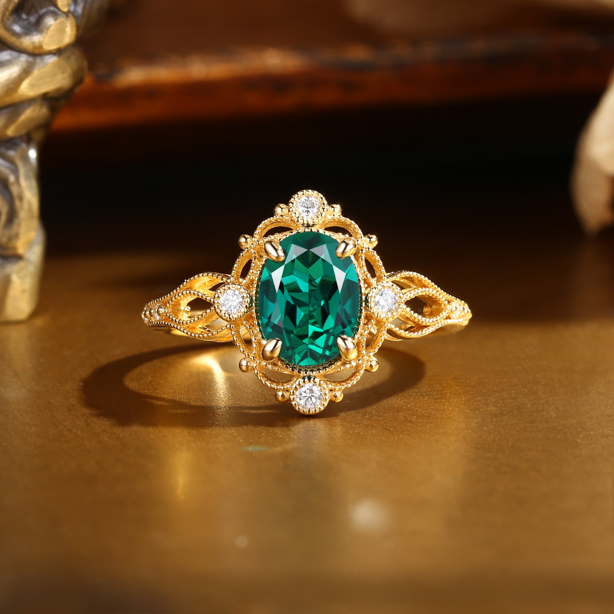 Giselle - Oval Cut Lab Emerald Gold Milgrain Vintage Engagement Ring