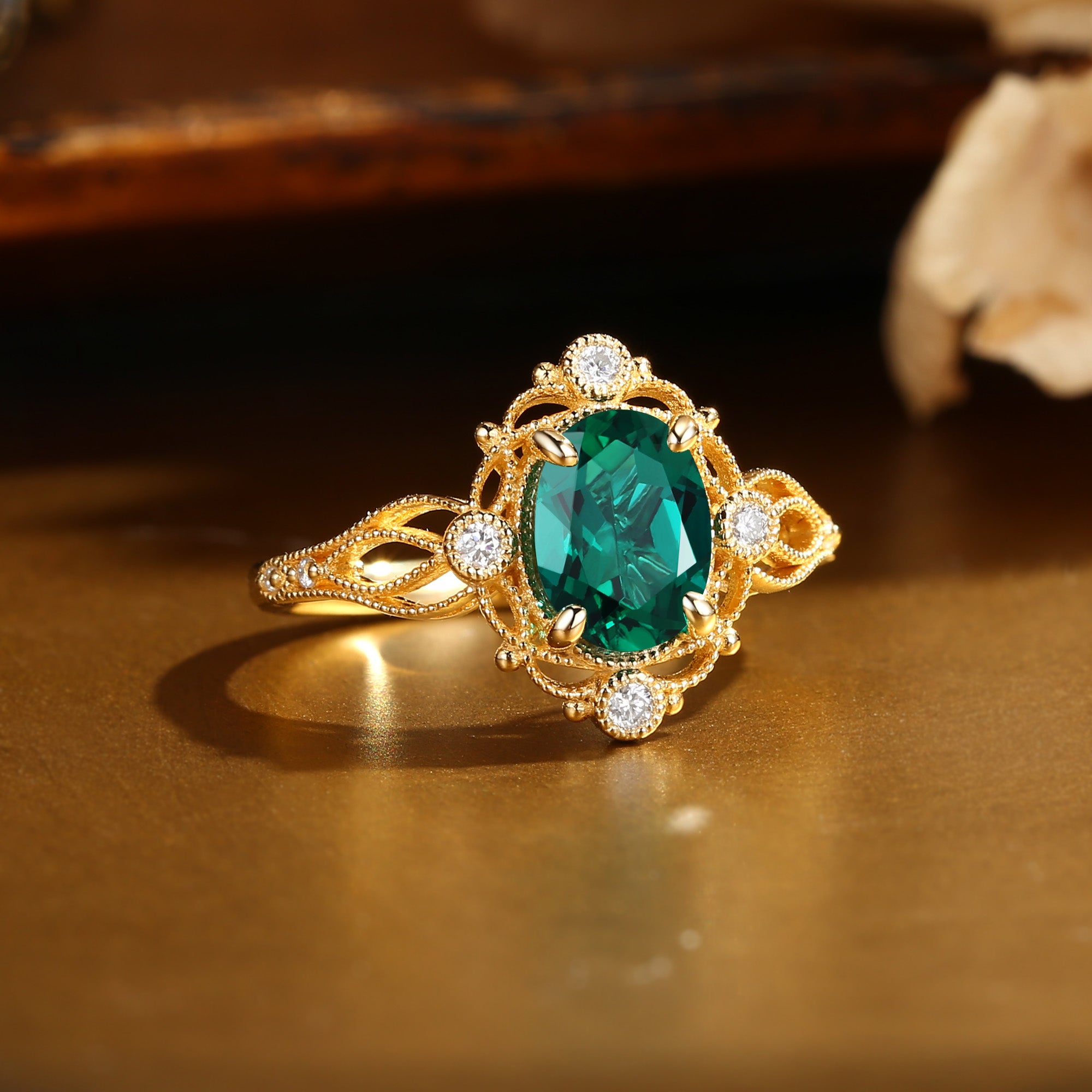 Giselle - Oval Cut Lab Emerald Gold Milgrain Vintage Engagement Ring