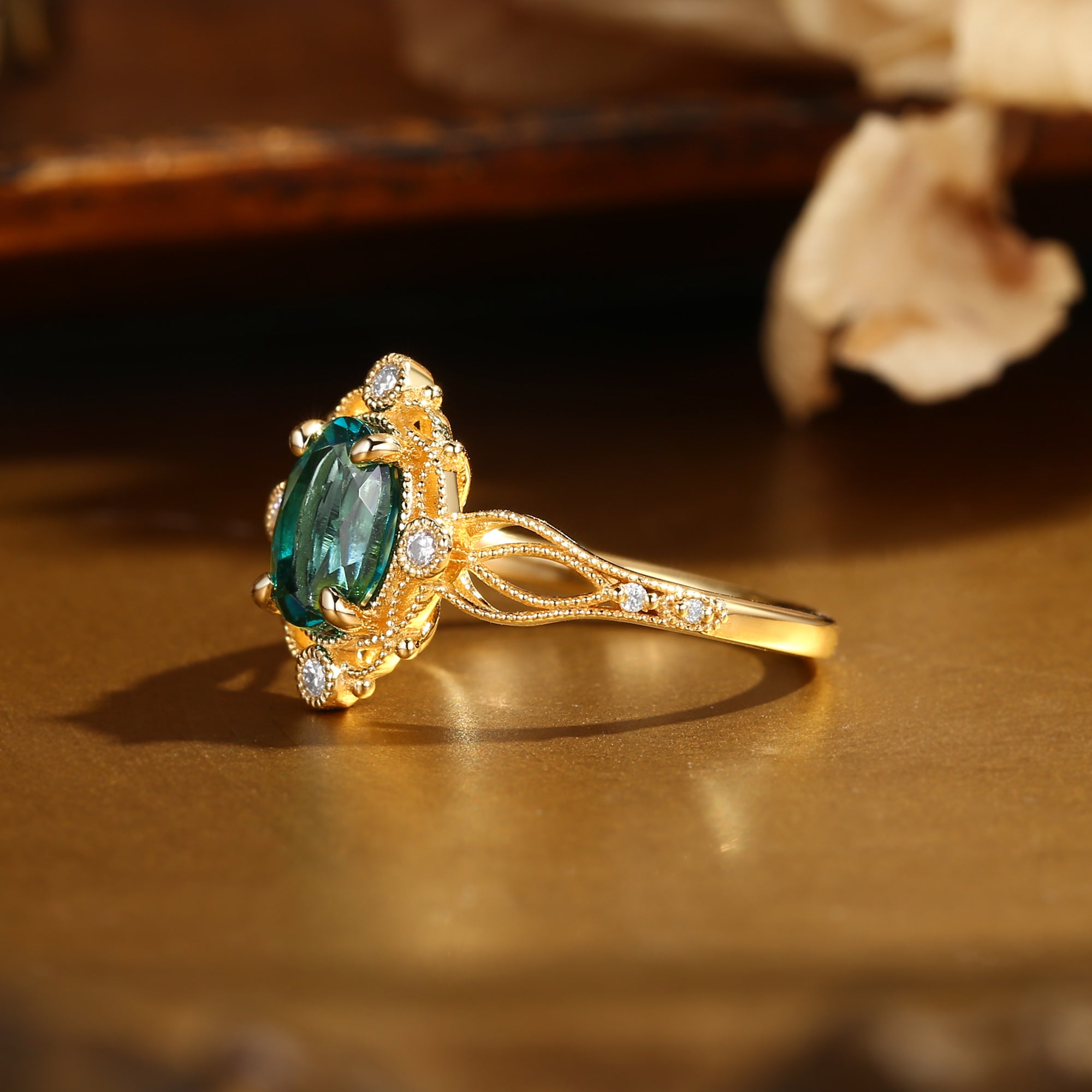 Giselle - Oval Cut Lab Emerald Gold Milgrain Vintage Engagement Ring