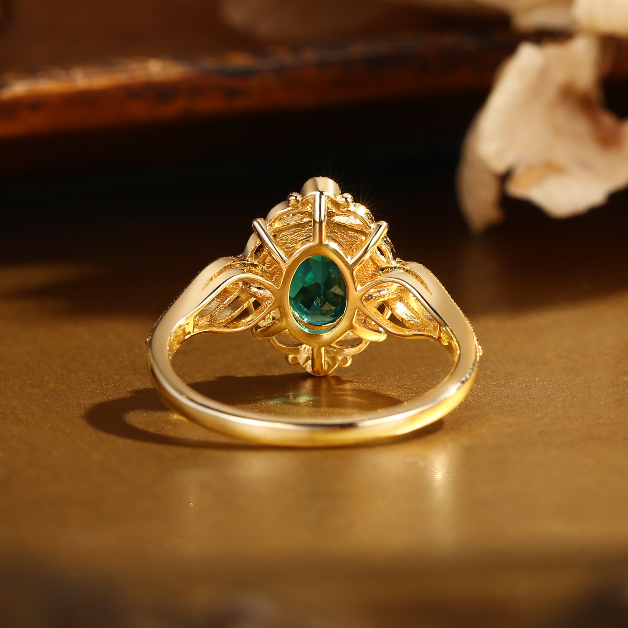 Giselle - Oval Cut Lab Emerald Gold Milgrain Vintage Engagement Ring