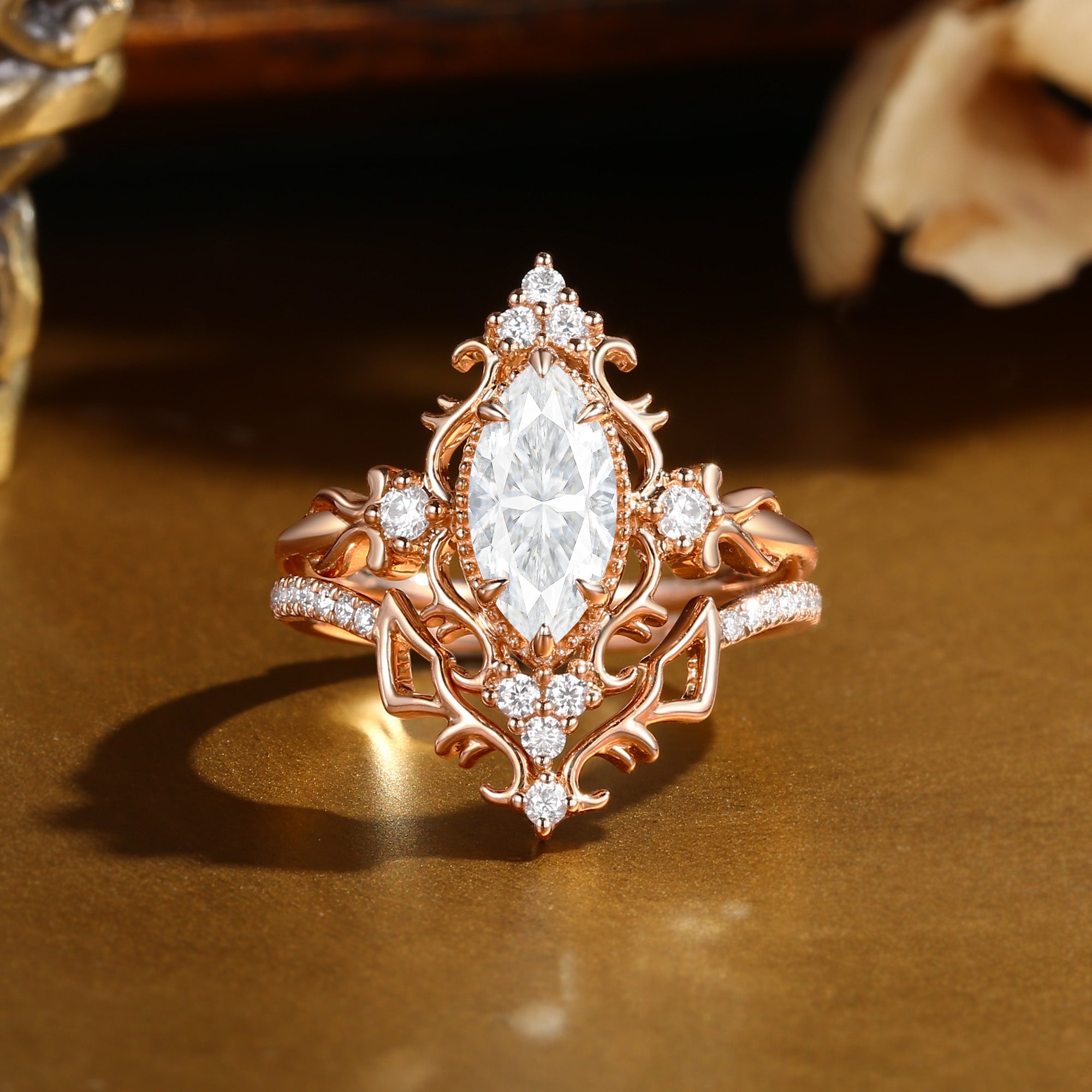 Eugenie - Marquise Cut Moissanite Victorian Vintage Ribbon Bridal Sets 2PCS