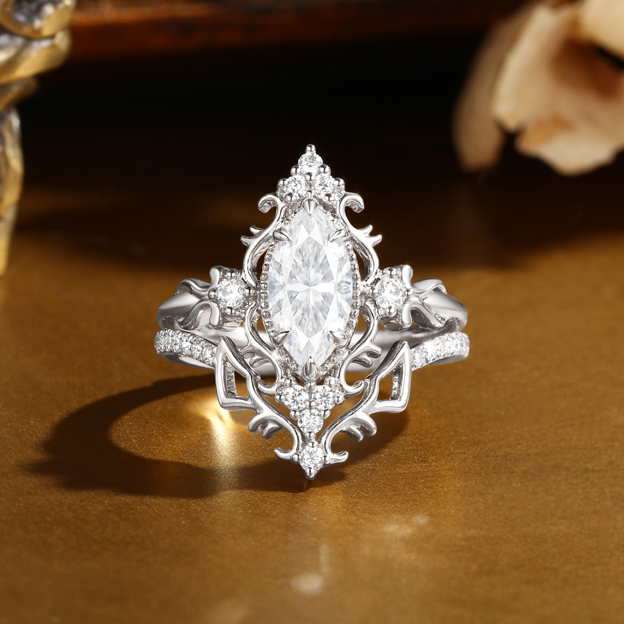 Eugenie - Marquise Cut Moissanite Victorian Vintage Ribbon Bridal Sets 2PCS