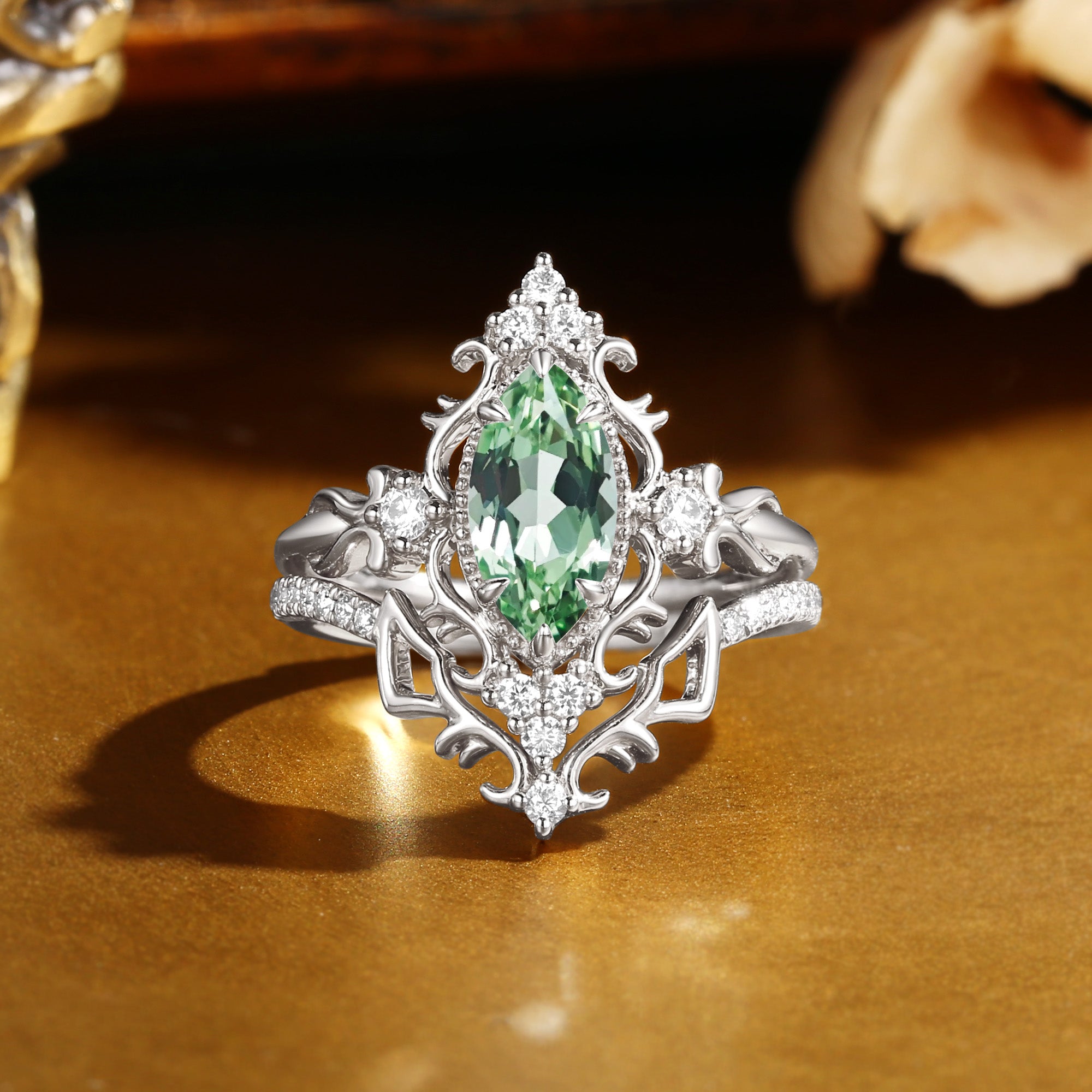 Eugenie - Marquise Cut Lab Green Sapphire Royalcore Victorian Vintage Ribbon Bridal Sets 2PCS