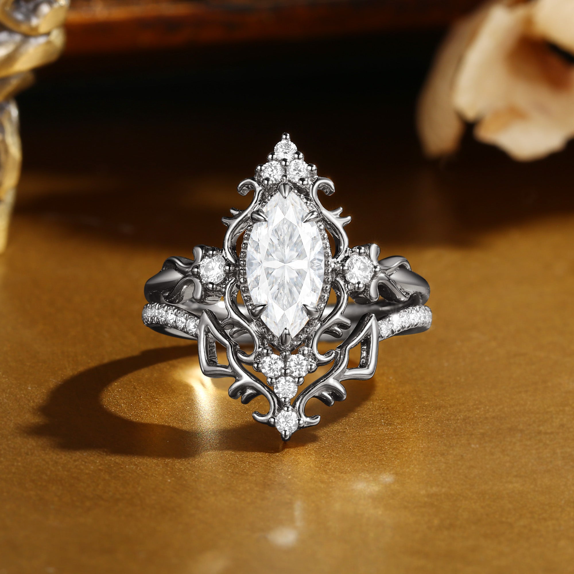 Eugenie - Marquise Cut Moissanite Victorian Vintage Ribbon Bridal Sets 2PCS