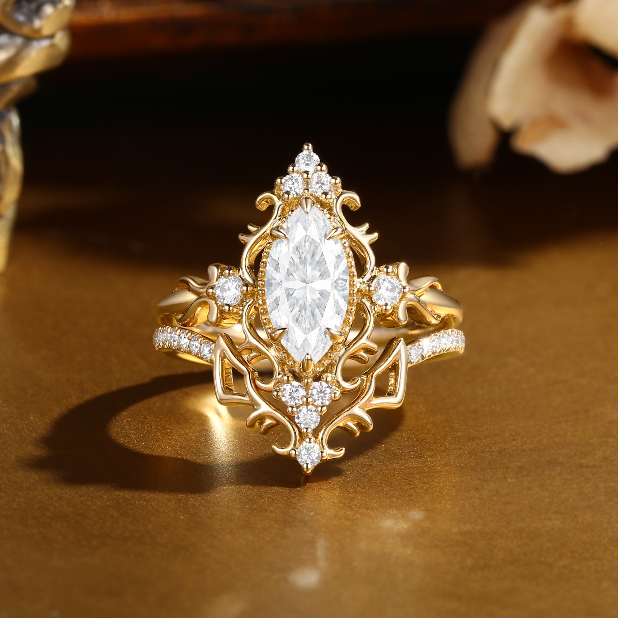 Eugenie - Marquise Cut Moissanite Victorian Vintage Ribbon Bridal Sets 2PCS