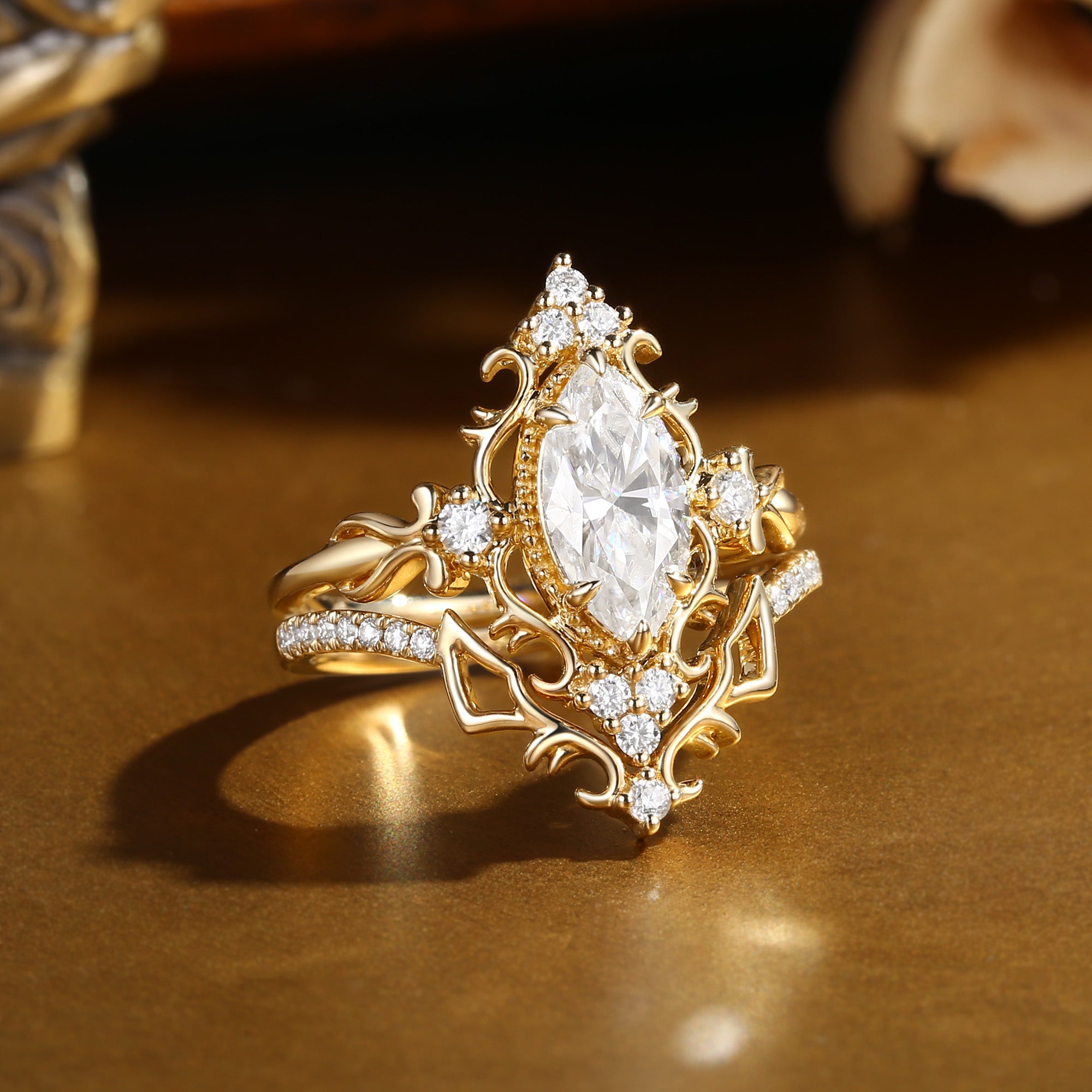 Eugenie - Marquise Cut Moissanite Victorian Vintage Ribbon Bridal Sets 2PCS