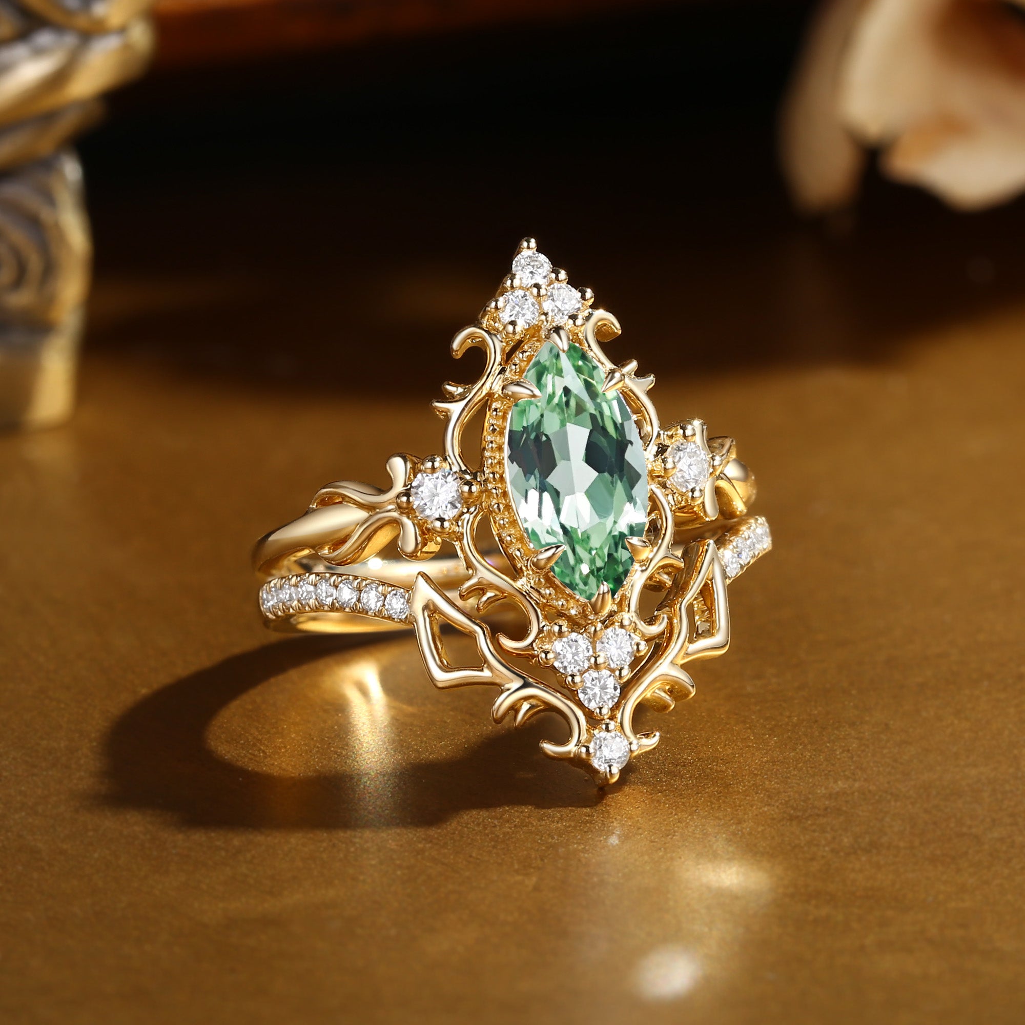 Eugenie - Marquise Cut Lab Green Sapphire Royalcore Victorian Vintage Ribbon Bridal Sets 2PCS