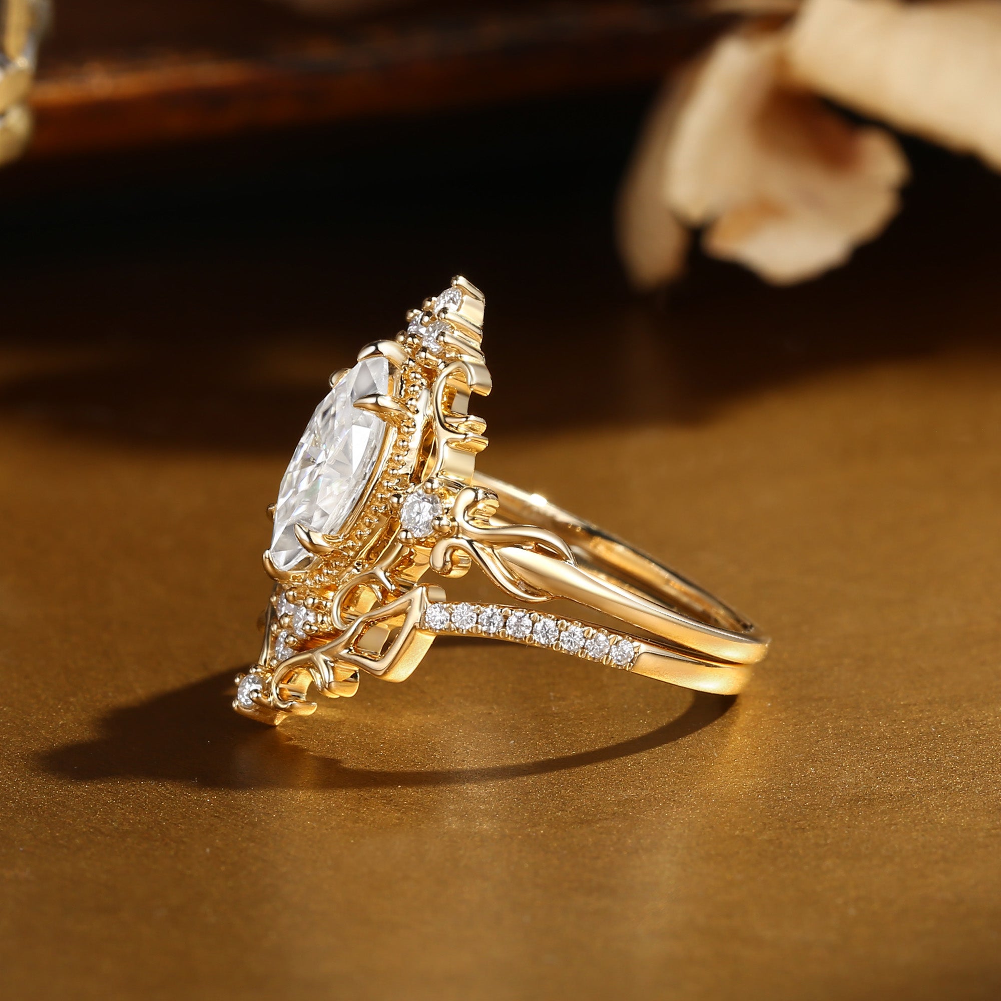 Eugenie - Marquise Cut Moissanite Victorian Vintage Ribbon Bridal Sets 2PCS