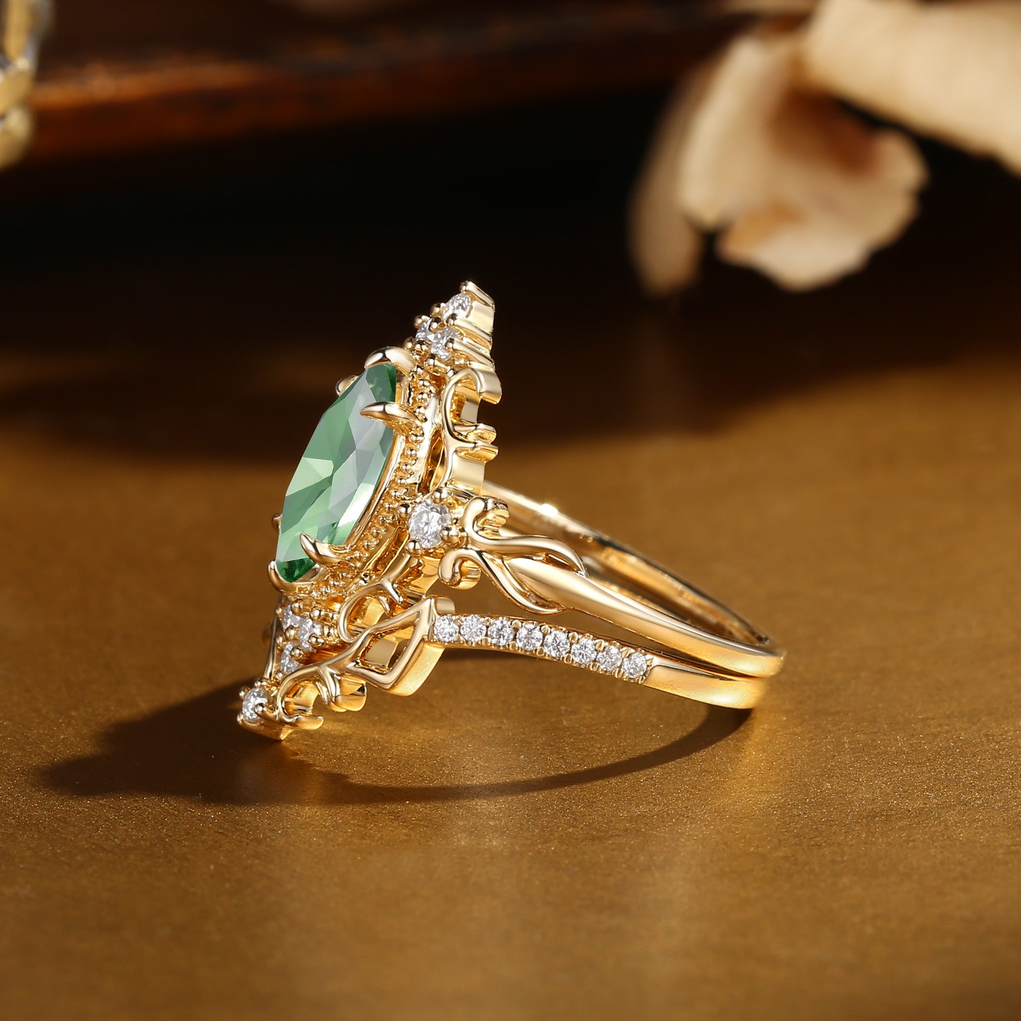 Eugenie - Marquise Cut Lab Green Sapphire Royalcore Victorian Vintage Ribbon Bridal Sets 2PCS