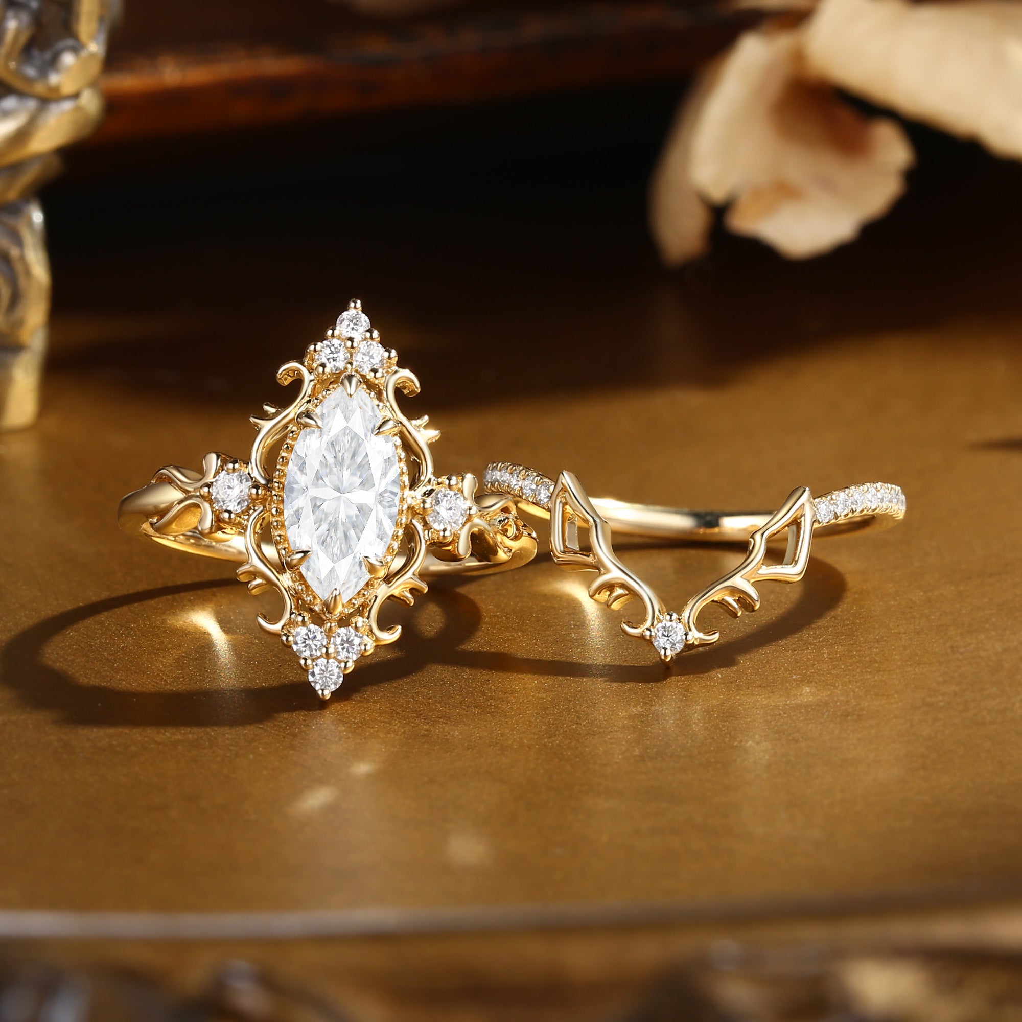 Eugenie - Marquise Cut Moissanite Victorian Vintage Ribbon Bridal Sets 2PCS