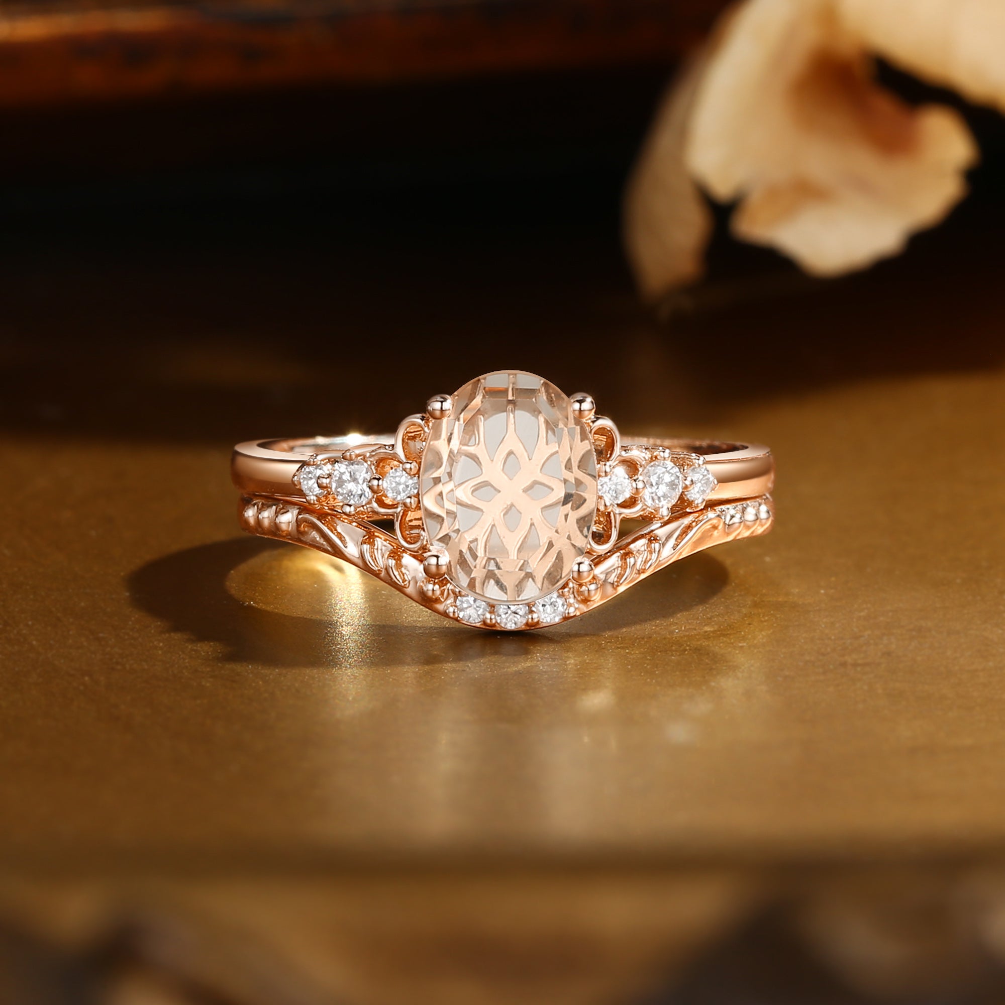 Swan Princess- Portrait Cut Moissanite Vintage Relief Bridal Set 2pcs