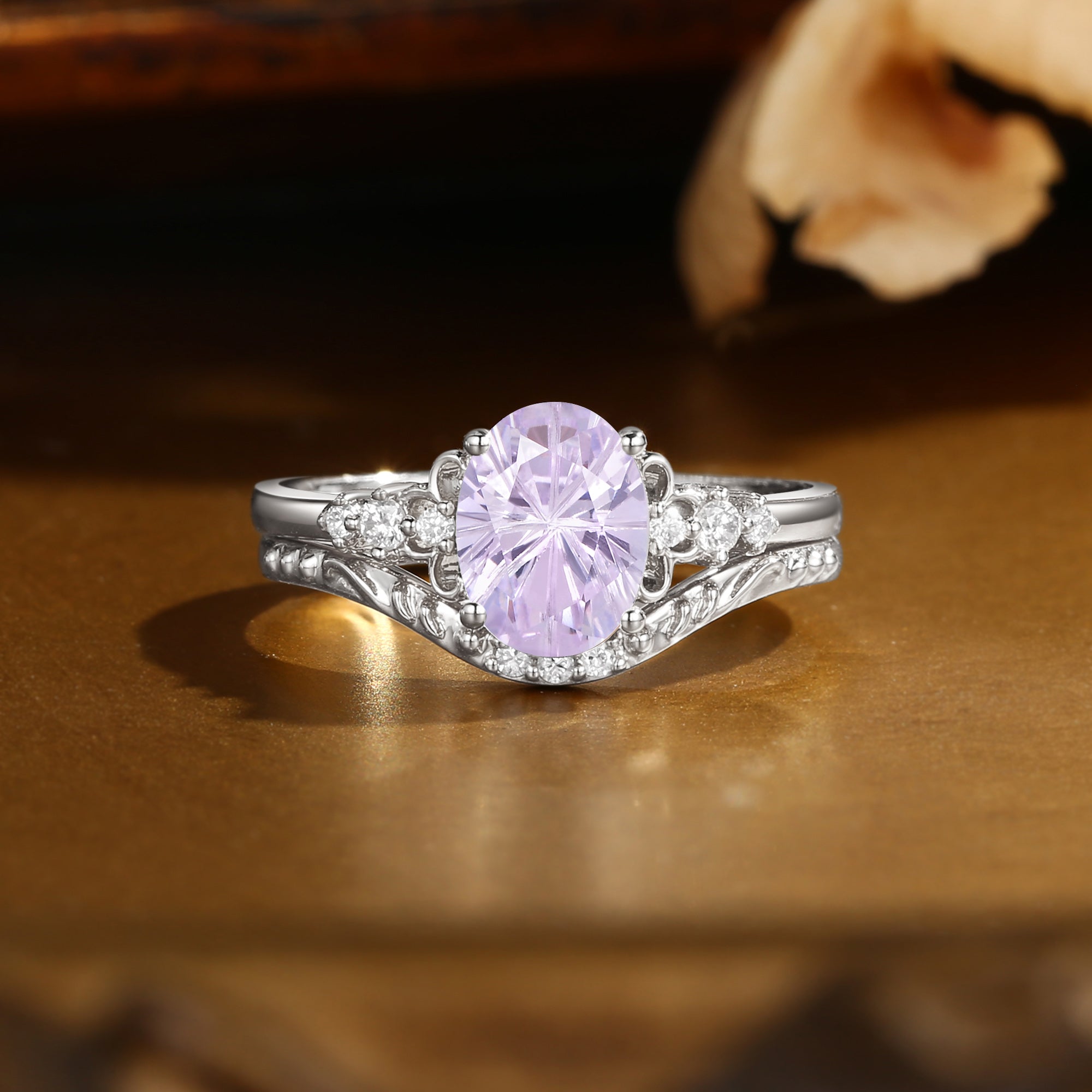 Swan Princess- Firework Portrait Cut Purple Sapphire Vintage Relief Bridal Set 2pcs