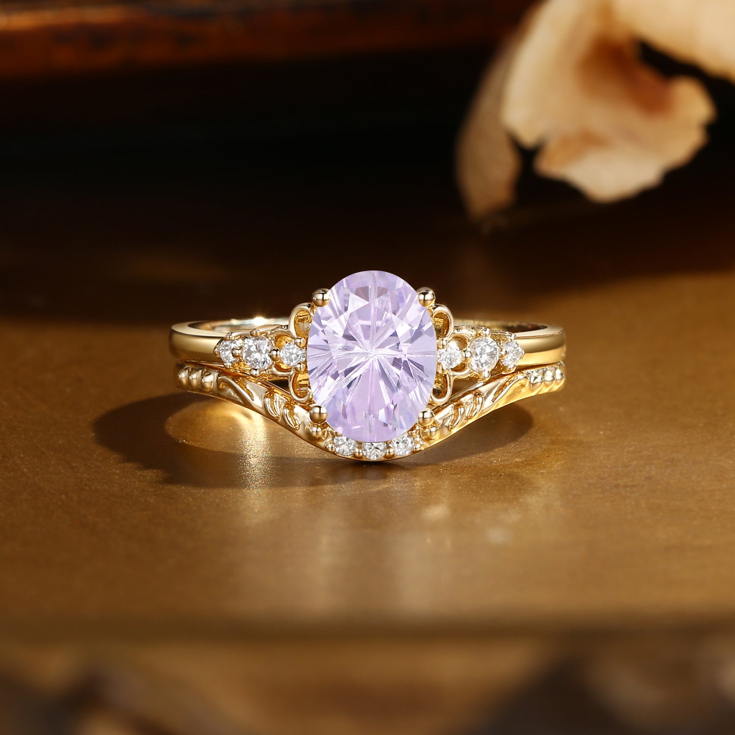 Swan Princess- Firework Portrait Cut Purple Sapphire Vintage Relief Bridal Set 2pcs