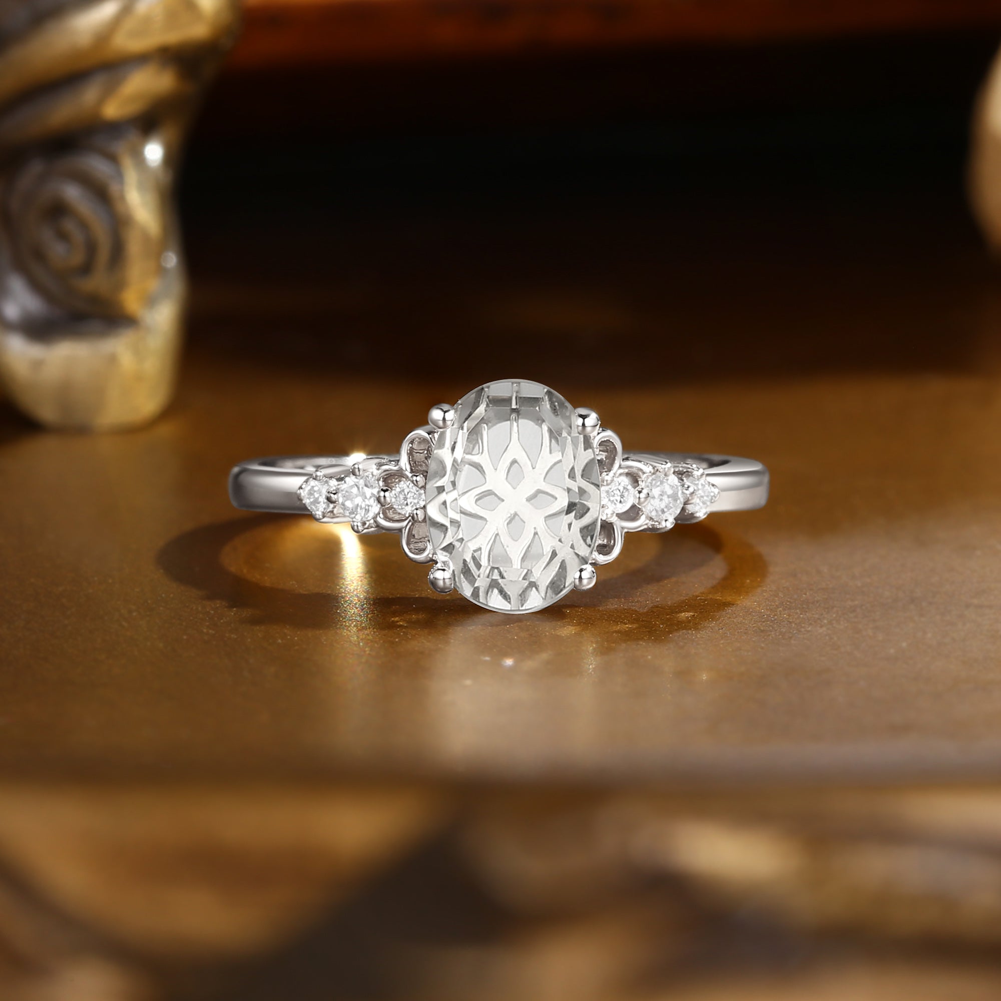 Swan Princess- Portrait Cut Moissanite Vintage Relief Engagement Ring
