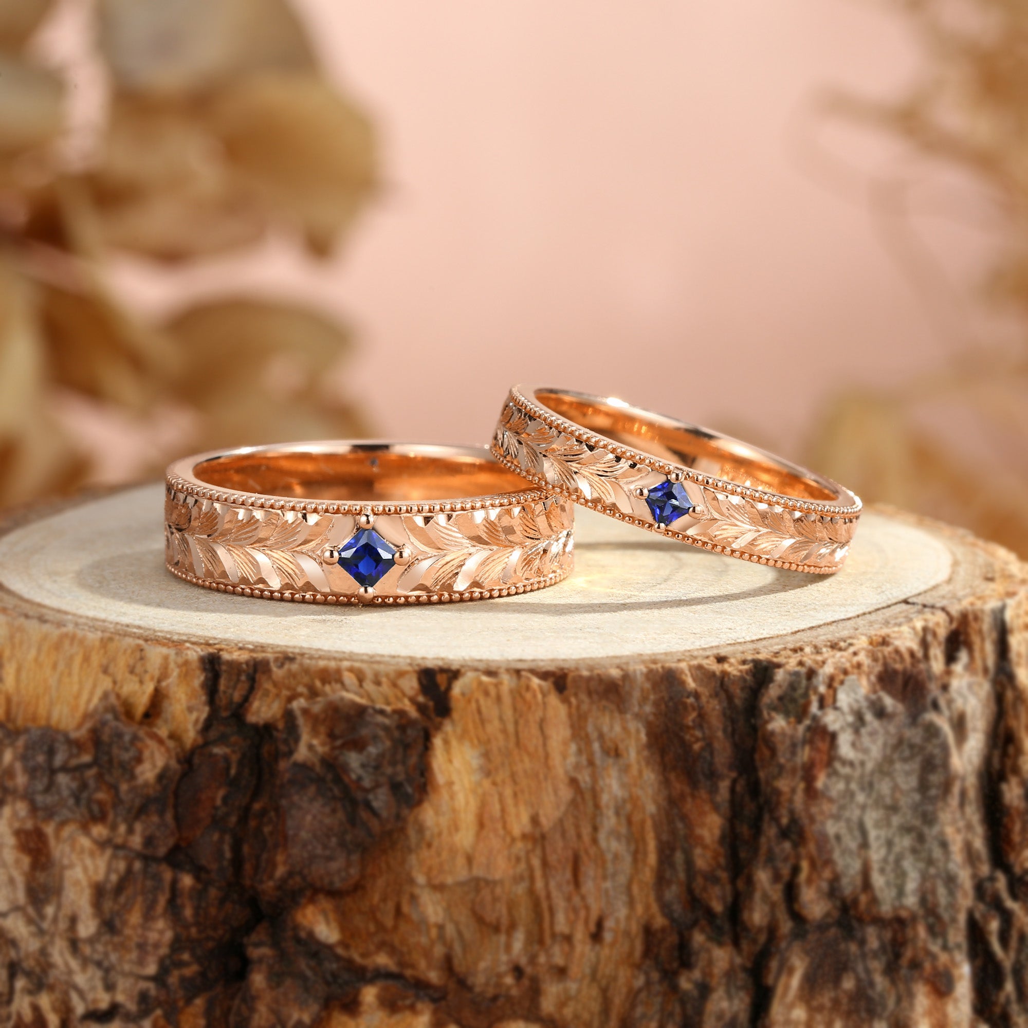 Royal Couple Ring– Leaf-Inspired Hand-Engraved Promise Ring Set for Her & Him