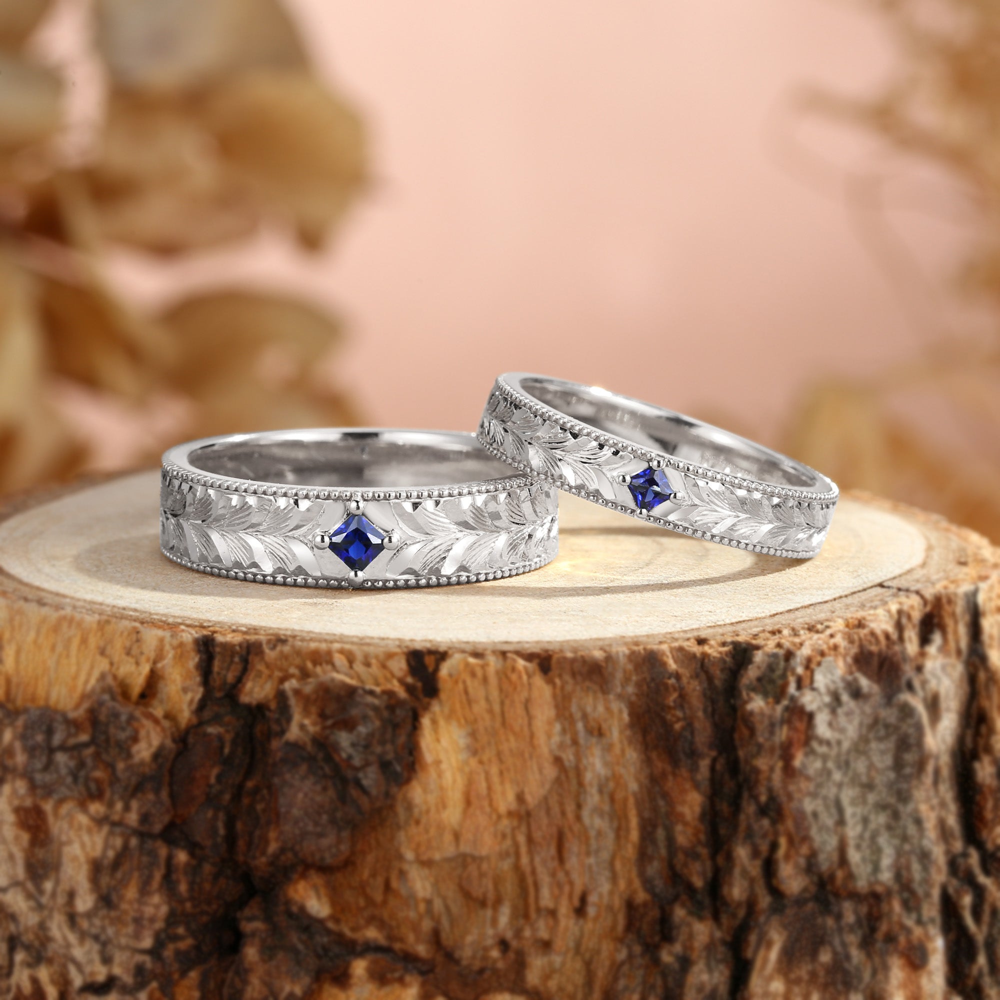 Royal Couple Ring– Leaf-Inspired Hand-Engraved Promise Ring Set for Her & Him