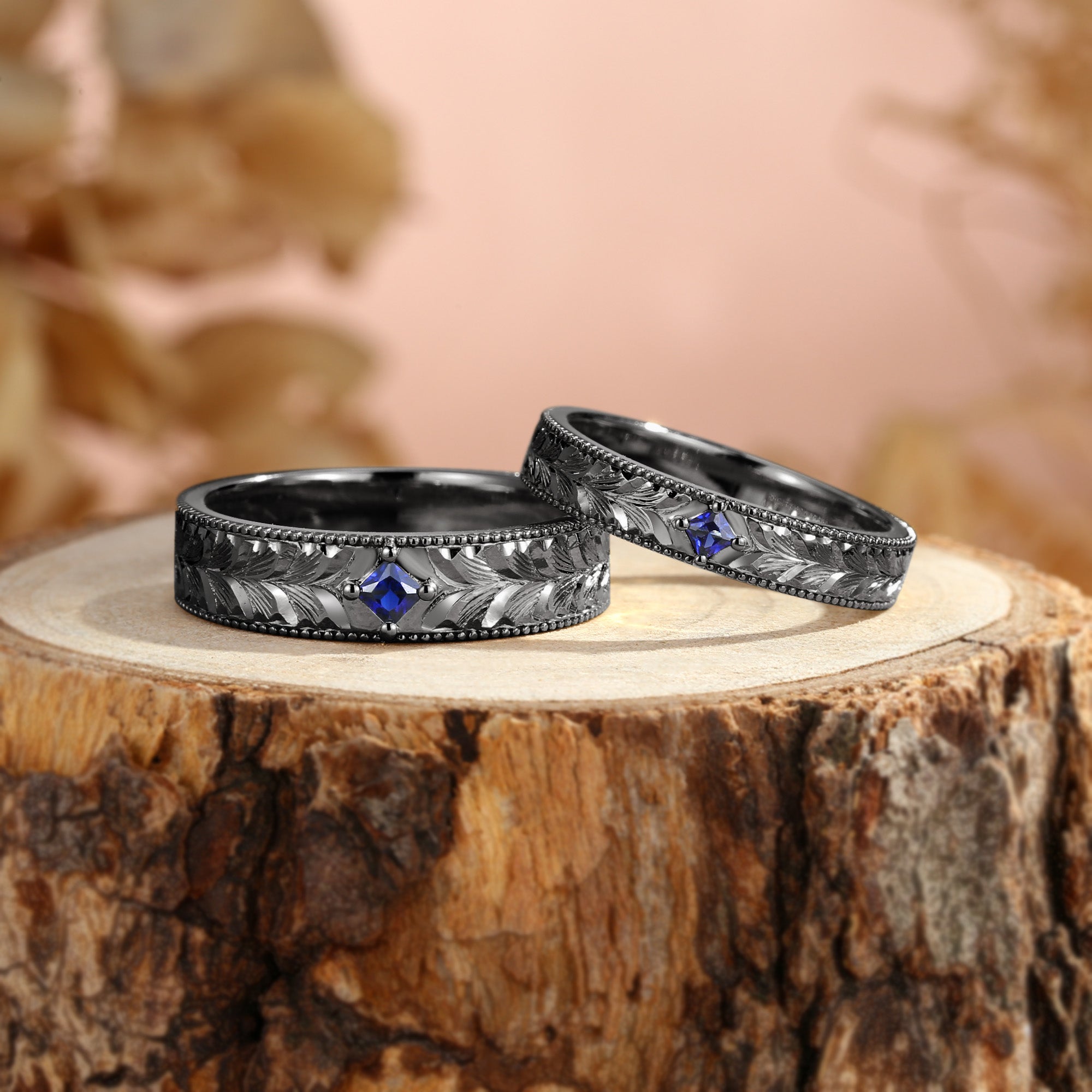 Royal Couple Ring– Leaf-Inspired Hand-Engraved Promise Ring Set for Her & Him
