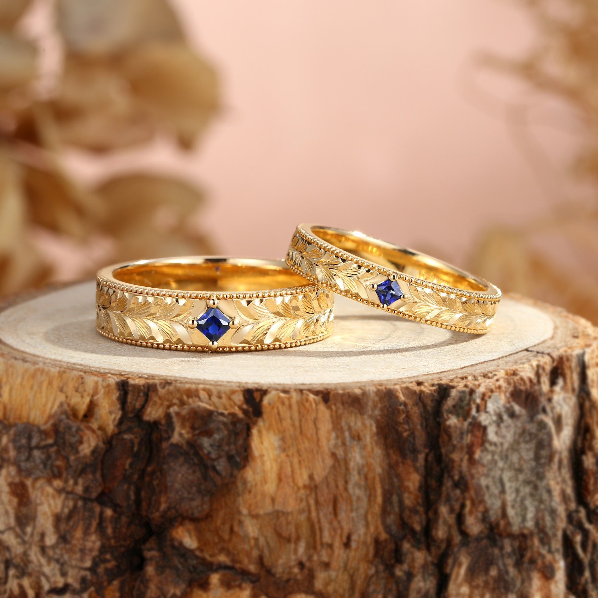 Royal Couple Ring– Leaf-Inspired Hand-Engraved Promise Ring Set for Her & Him