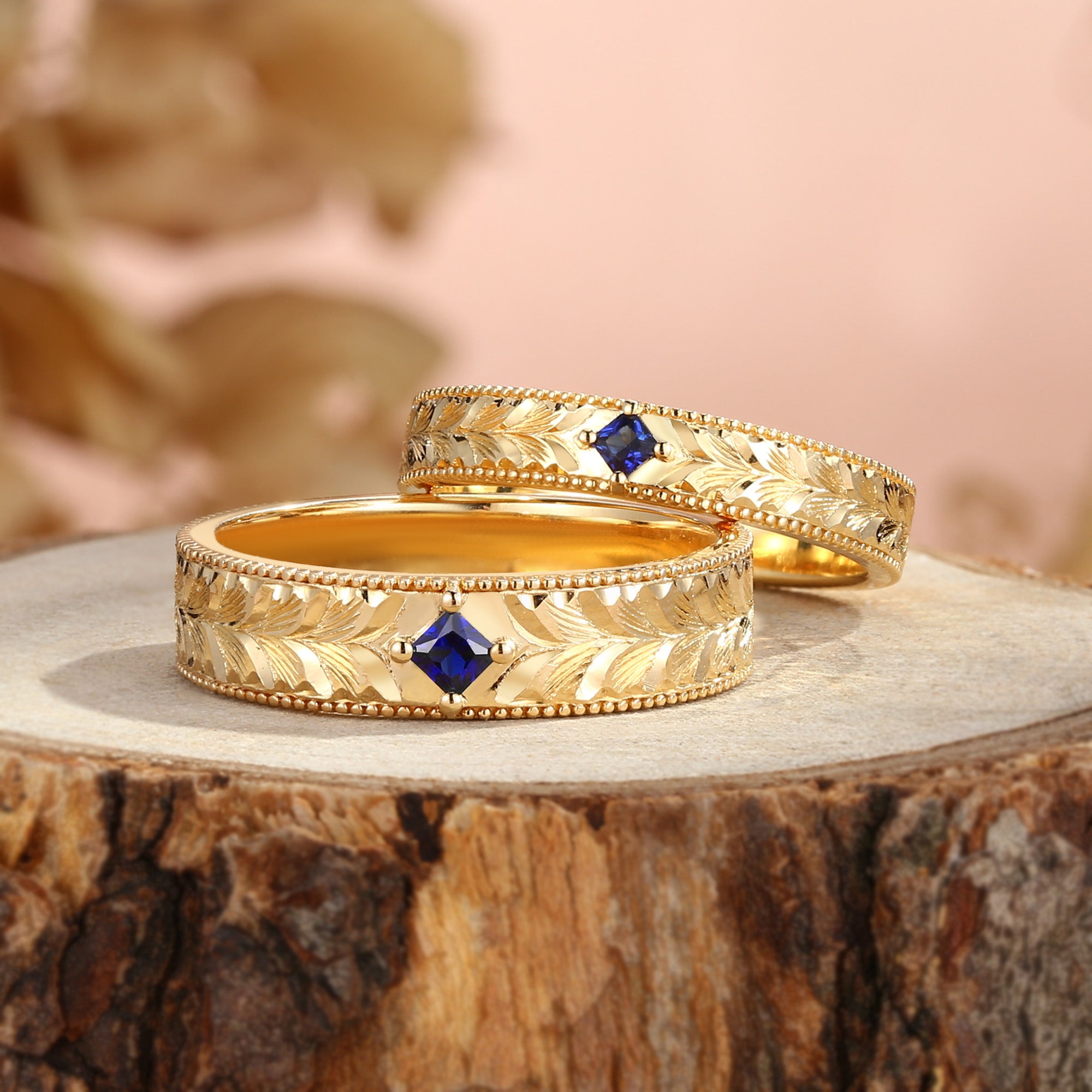 Royal Couple Ring– Leaf-Inspired Hand-Engraved Promise Ring Set for Her & Him