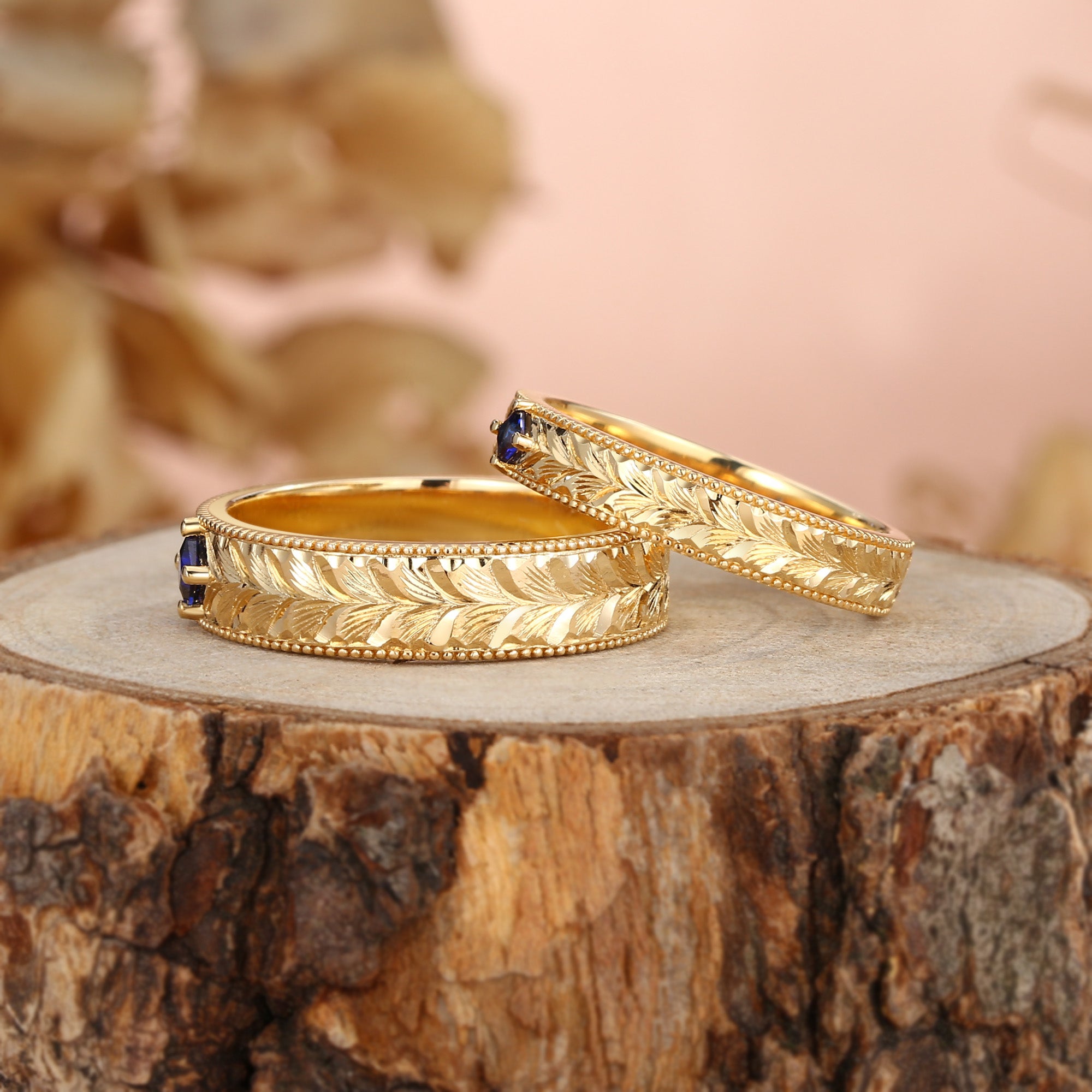 Royal Couple Ring– Leaf-Inspired Hand-Engraved Promise Ring Set for Her & Him