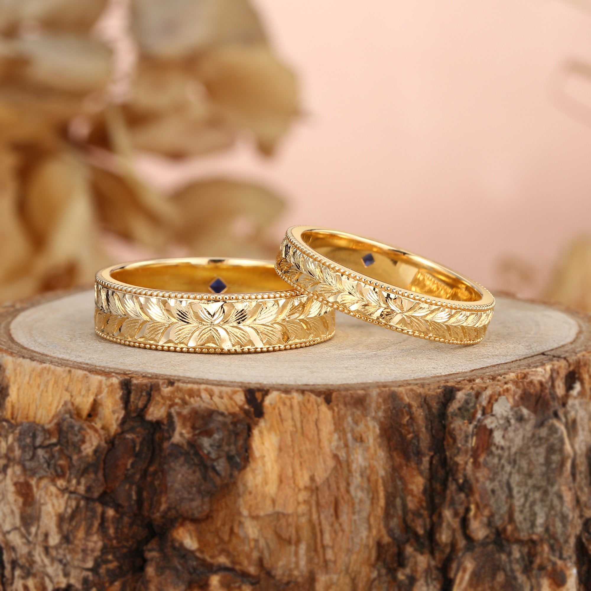Royal Couple Ring– Leaf-Inspired Hand-Engraved Promise Ring Set for Her & Him