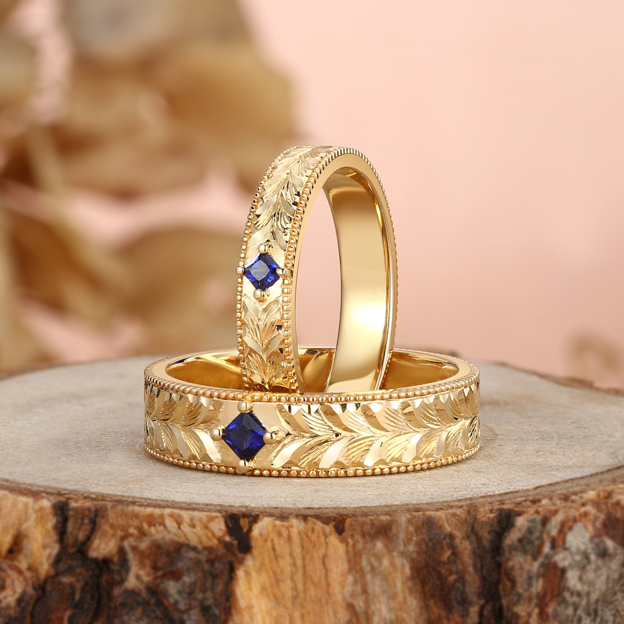 Royal Couple Ring– Leaf-Inspired Hand-Engraved Promise Ring Set for Her & Him