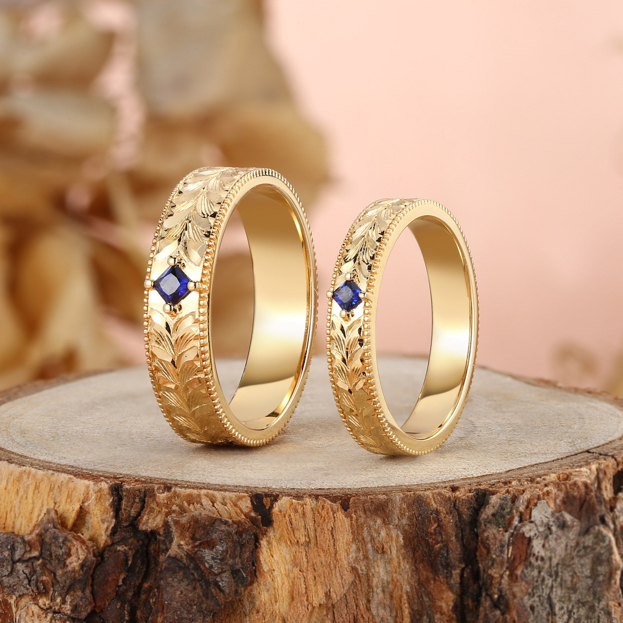 Royal Couple Ring– Leaf-Inspired Hand-Engraved Promise Ring Set for Her & Him