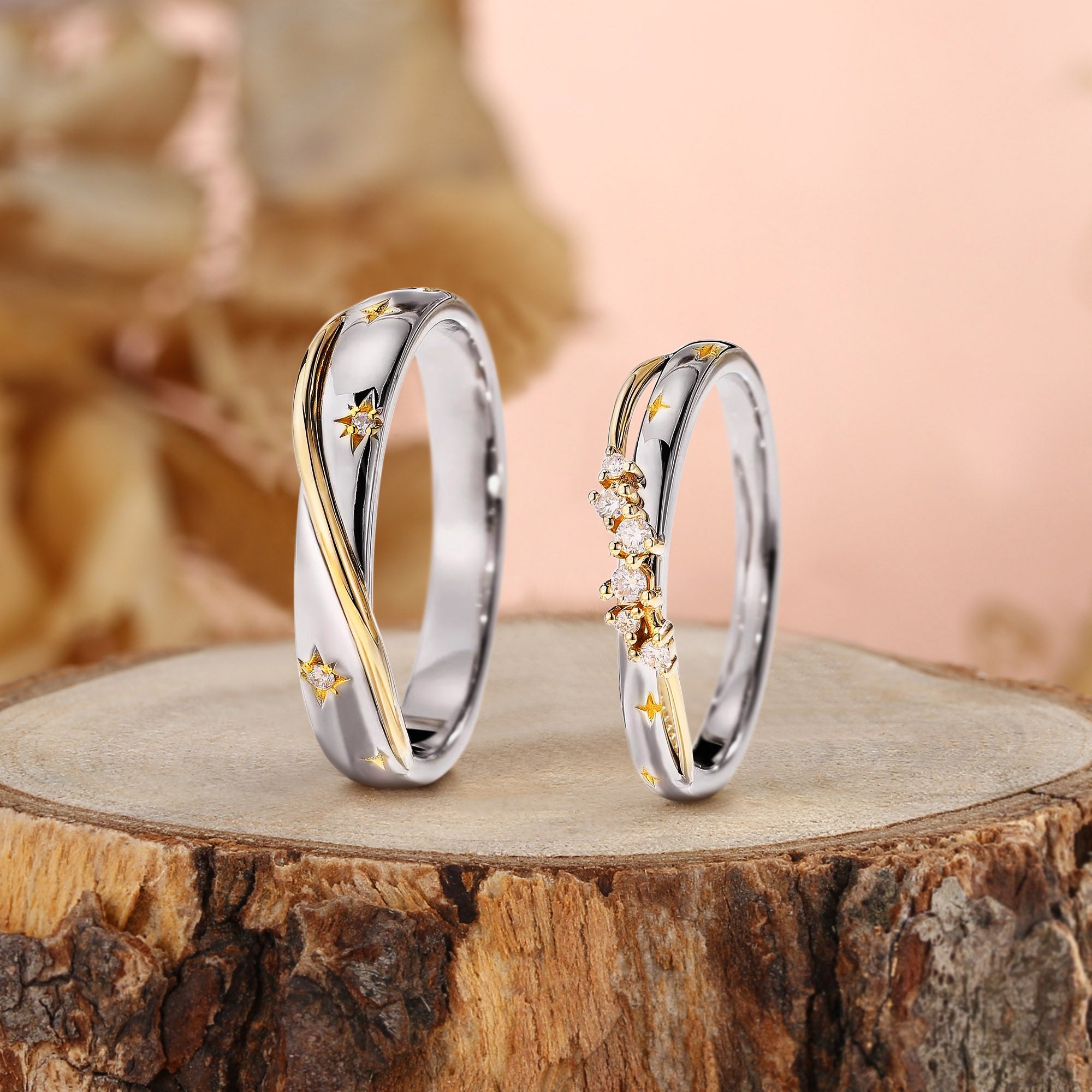 Diora - Two Tone Moissanite Couple Rings Star Wedding Band Set