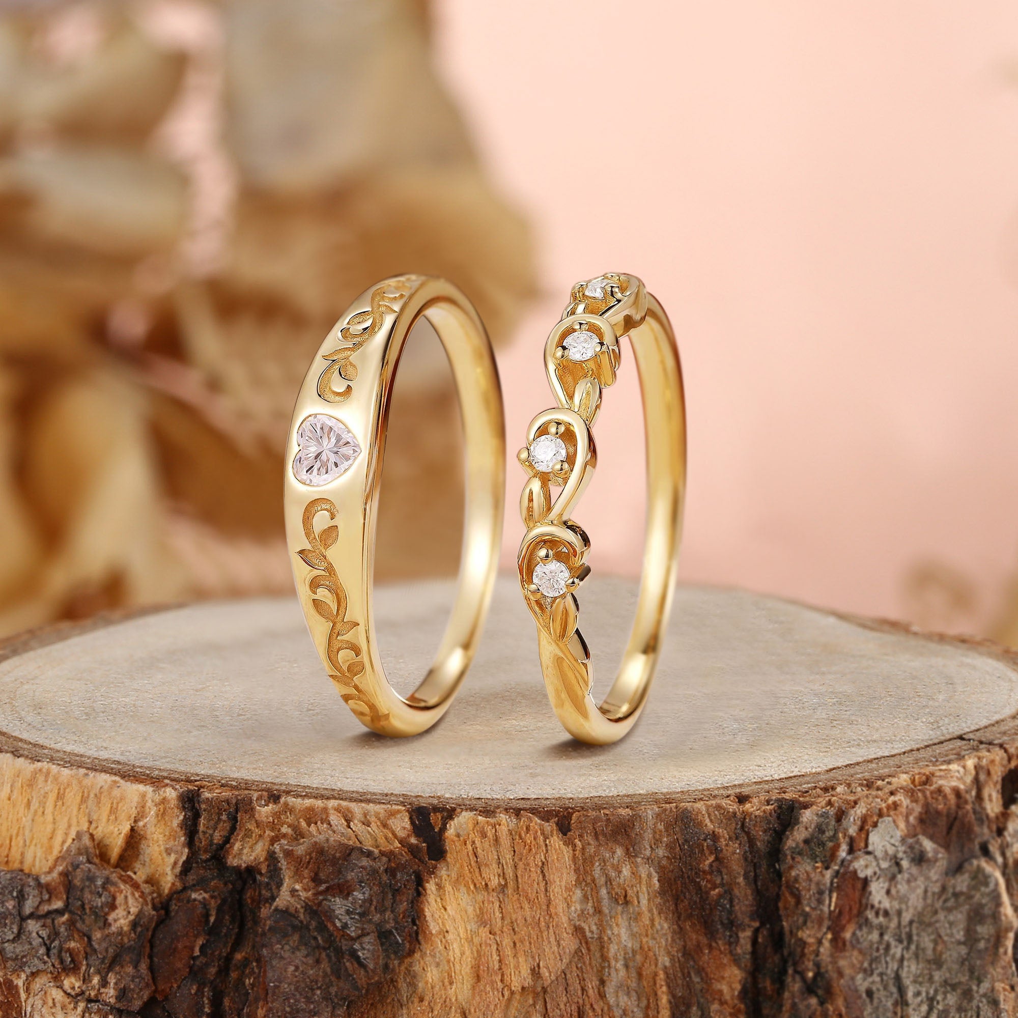 Couple Rings - Unique Heart Cut Moissanite Wedding Band Rings Set