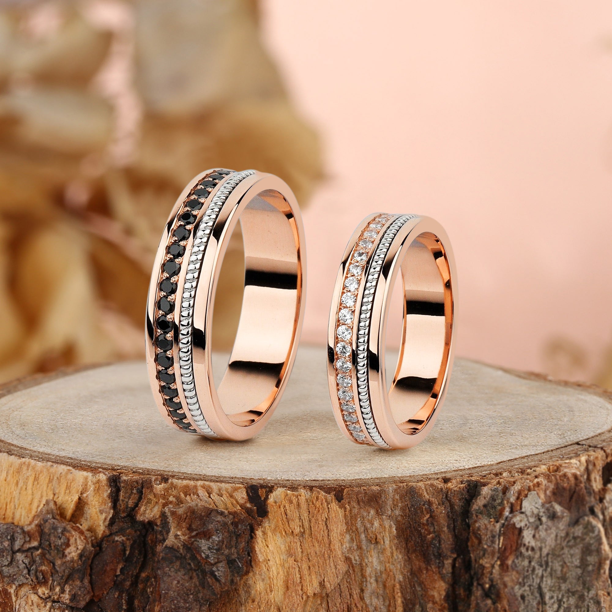 Guinevere - Gold Wedding Rings Set With Black And White Moissanites Couple Rings